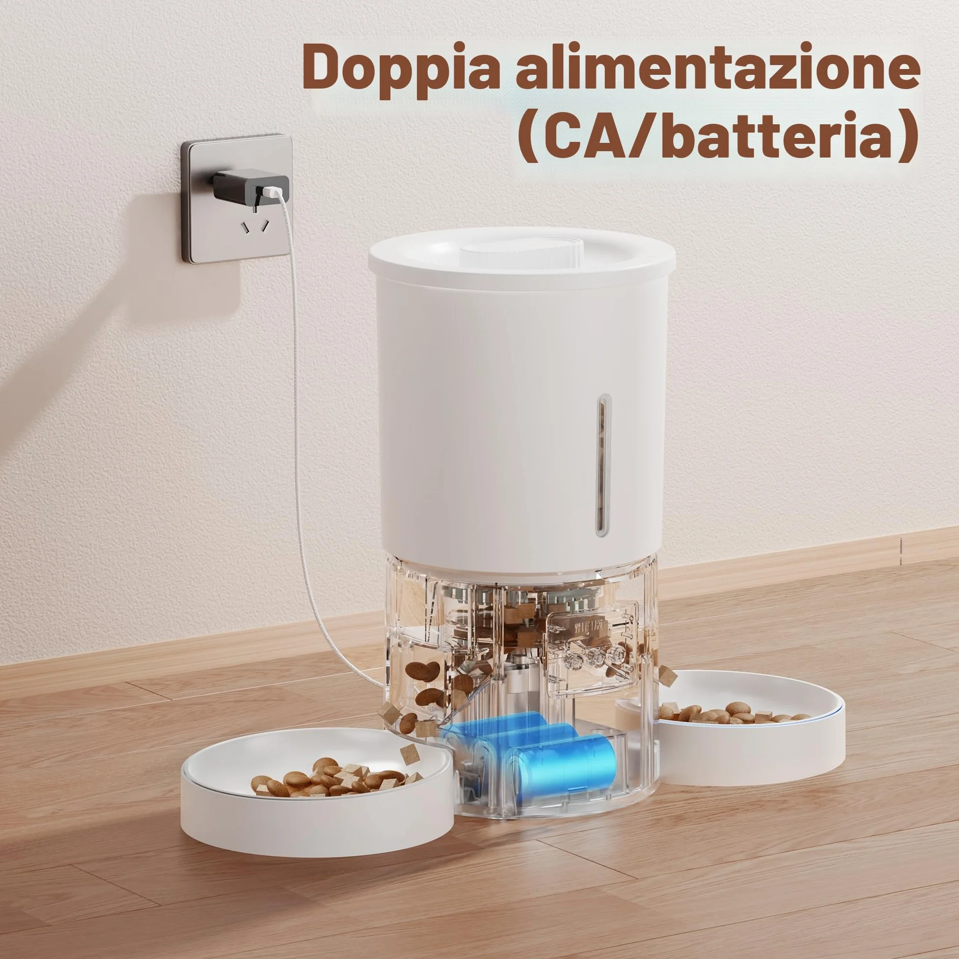 Distributore Automatico Cibo Gatti 2 Ciotole: 5L Distributore Automatico Cibo Cane con Timer WiFi 2.4G per Crocchette - Design Doppia Ciotola per Famiglie con Più Gatti & Cani - Bianco
