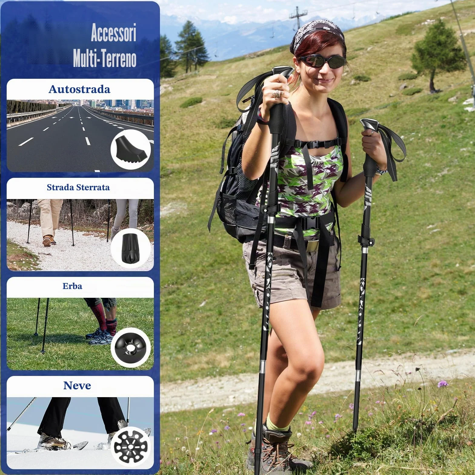 Bastoncini Trekking Pieghevoli in Alluminio Regolabili 110-130cm Nordic Walking 4 Paia Puntali Gomma