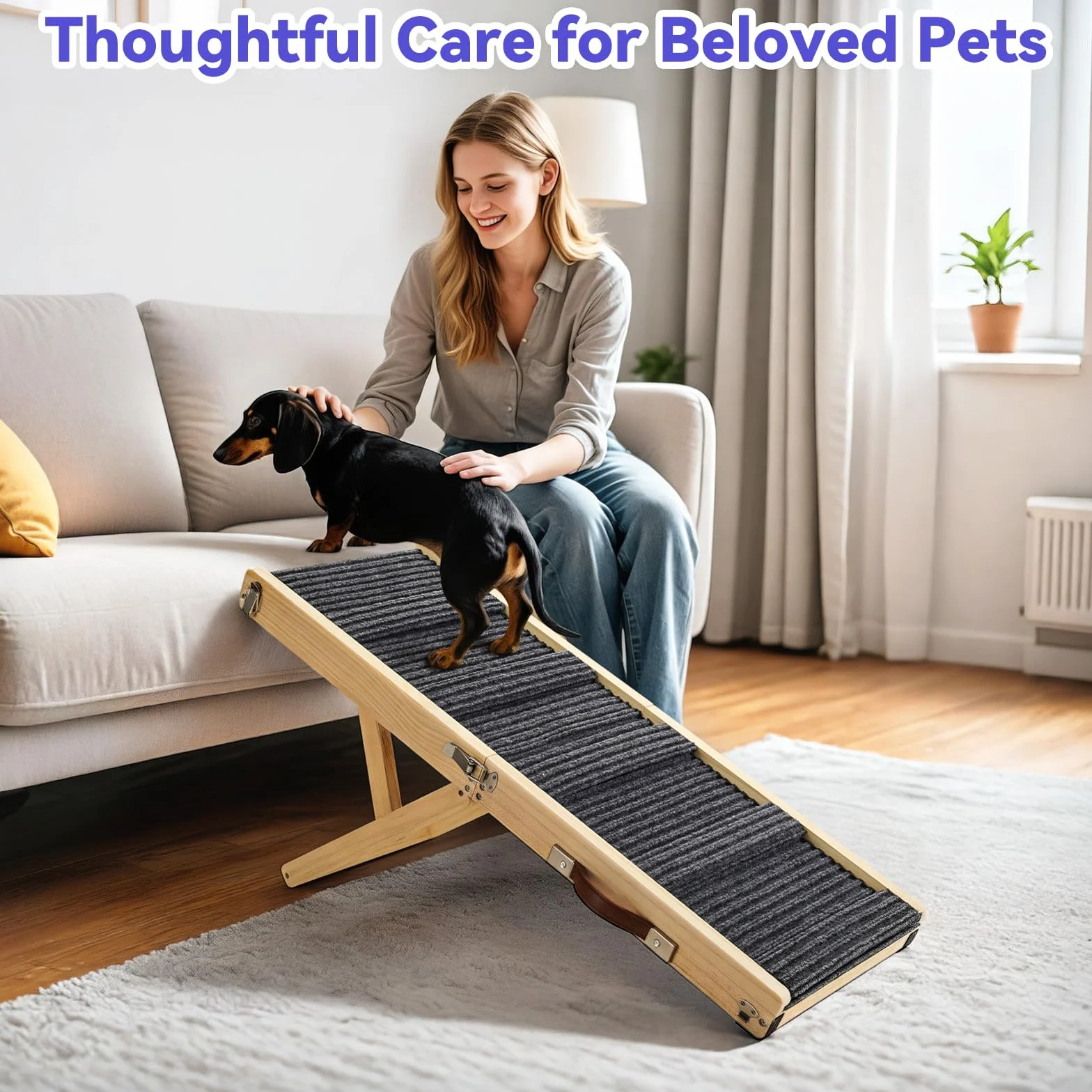 Piccola Rampa per Cani Pieghevole in Legno per Divano e Letto, 4 Altezze Regolabili da 13" a 21", Gradini Stabili con Cuscinetto Antiscivolo
