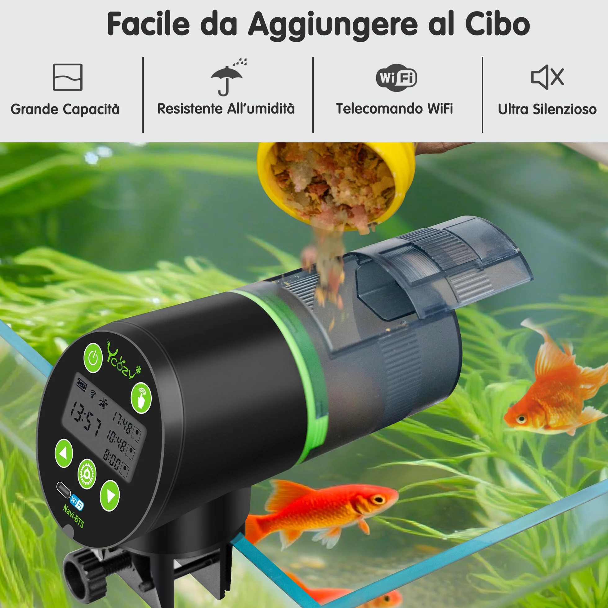 Ycozy WiFi Mangiatoia Automatica Acquario con Telecomando App, Alimentato a Spina Distributore Automatico Cibo Pesci con spina UE e cavo USB-C Distributore Cibo Pesci Display LCD | Navi-BTS