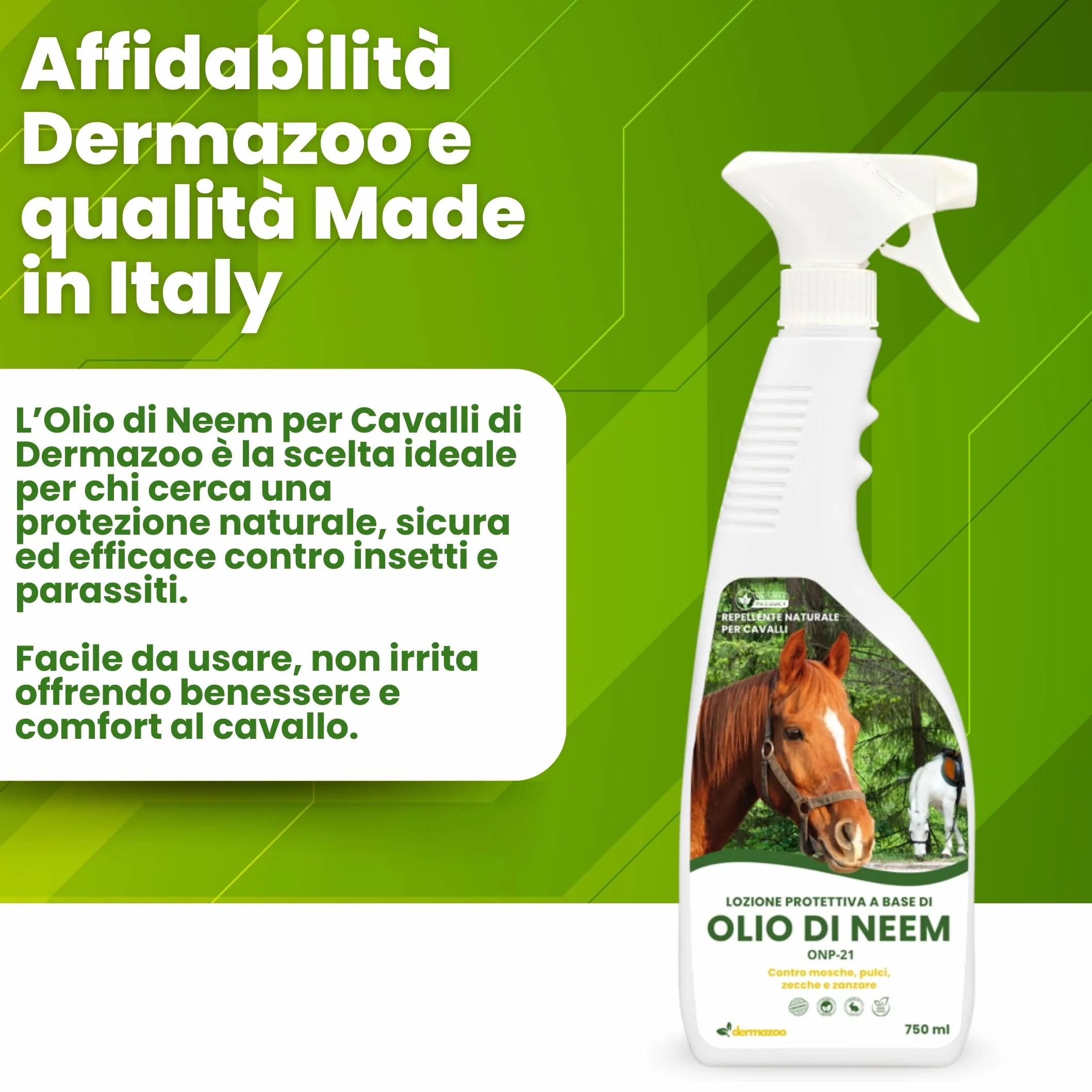 Dermazoo Olio di Neem per Cavalli ONP-21 Repellente Antipulci 2 x 750ml Spray Antizanzare