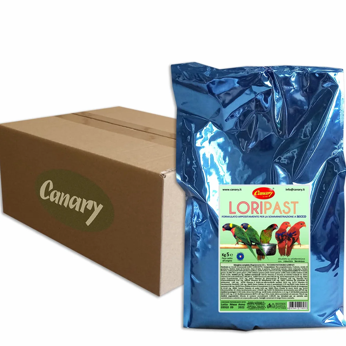 Canary Loripast 5kg, mangime per lorichetti e pappagalli, pastoncino in farina per lori, alimento completo per alimentazione a secco, confezione da 5Kg.