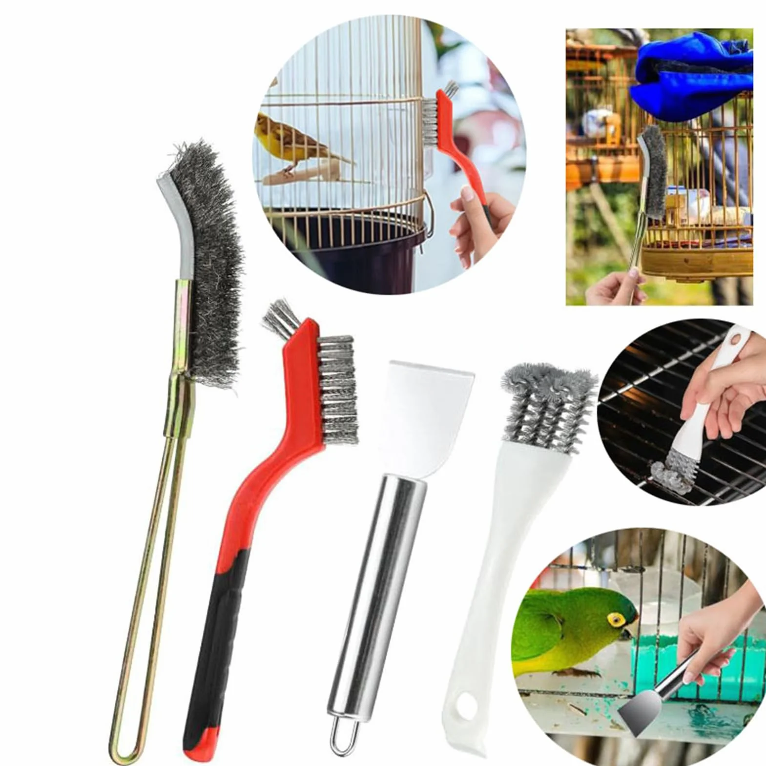 Accessori Pulizia Gabbie Uccelli - Raschietto Escrementi Kit Completo Spazzola Voliera