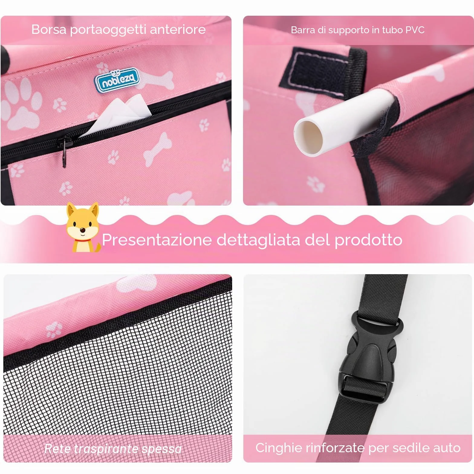 Nobleza Seggiolino Auto per Cani Piccola Taglia e Gatti, Trasportino Cane Auto, Impermeabile, Pieghevole, Rete Traspirante, 40x34x25cm, Rosa