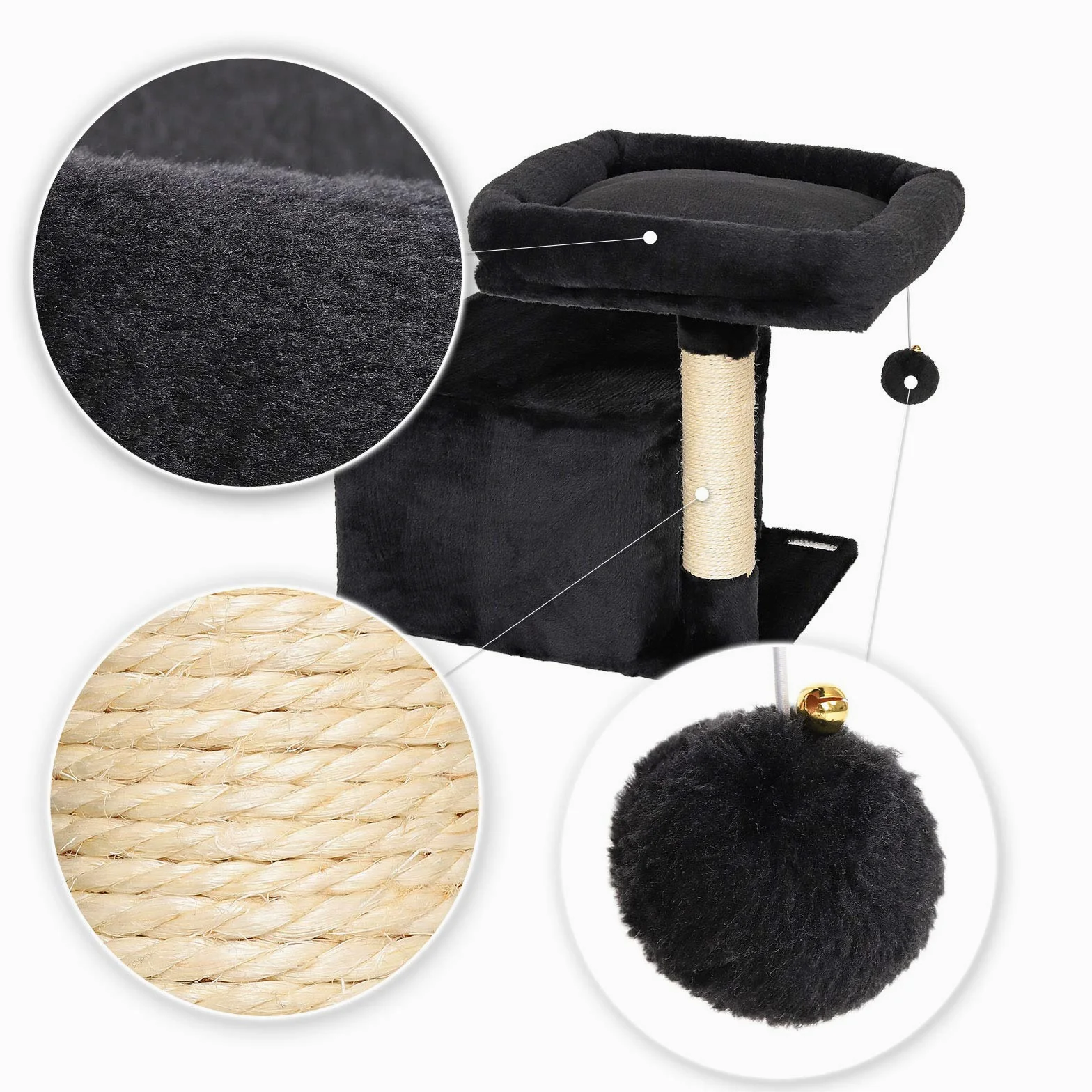 lionto Tiragraffi con Piattaforma, Grotta e Sisal, 50 cm, Nero | Tiragraffi piccolo per gatti con piattaforme, colonne in sisal ed elementi gioco per arrampicarsi, giocare e curare le unghie