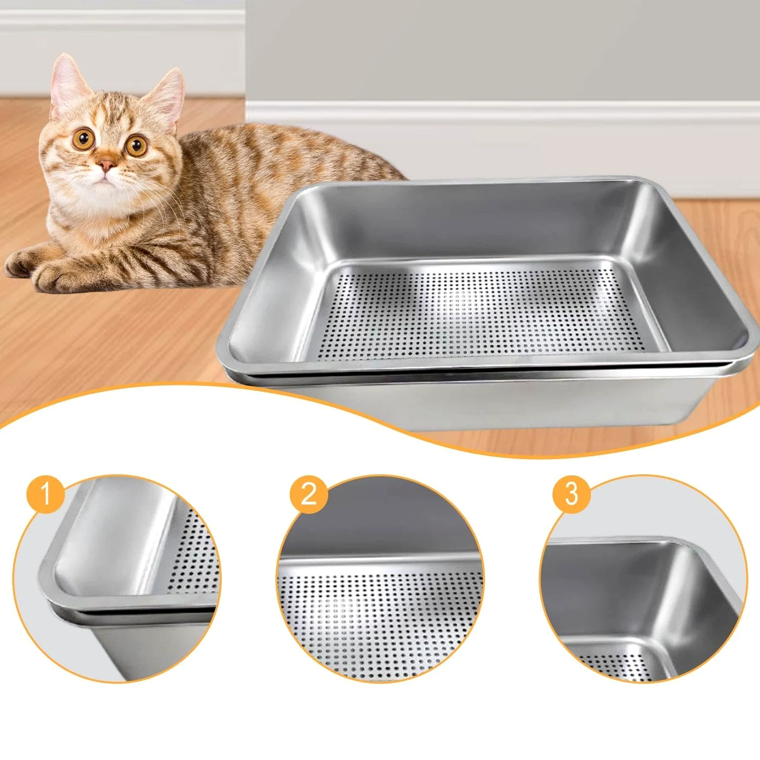 Lettiera per gatti in acciaio inox con setaccio per interni, grande lettiera aperta per gattini, 60 x 40 x 15 cm