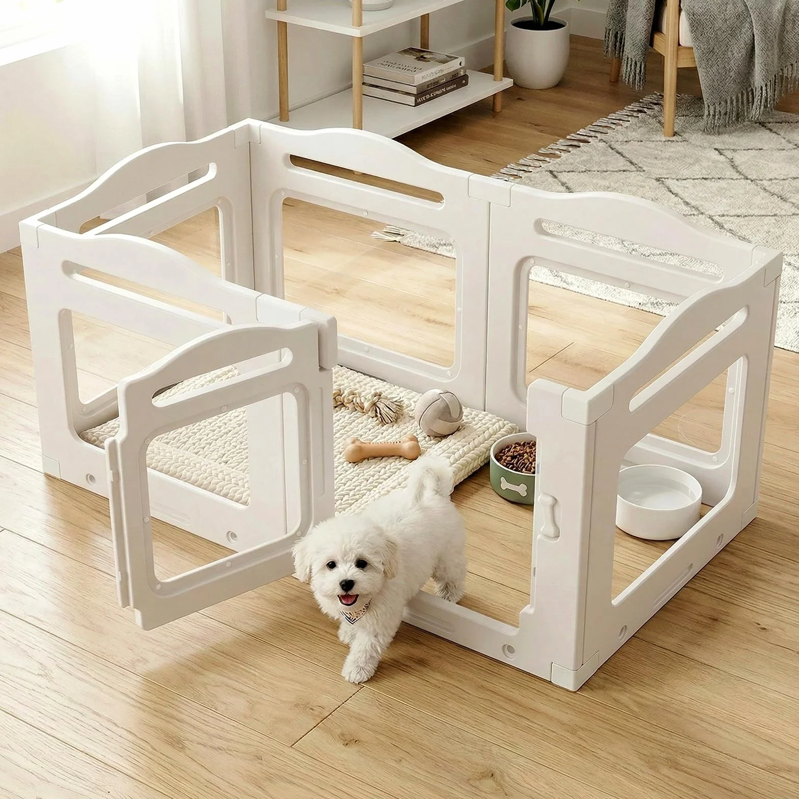 MAMIZO Recinto per Cani Acrilico 129 × 68 × 60 cm, Box per Cuccioli con Ventose, Box per il Parto Cani con Porta a Chiusura, 6PCS Pannelli Parco per Cani adatto Appartamento, Bianco