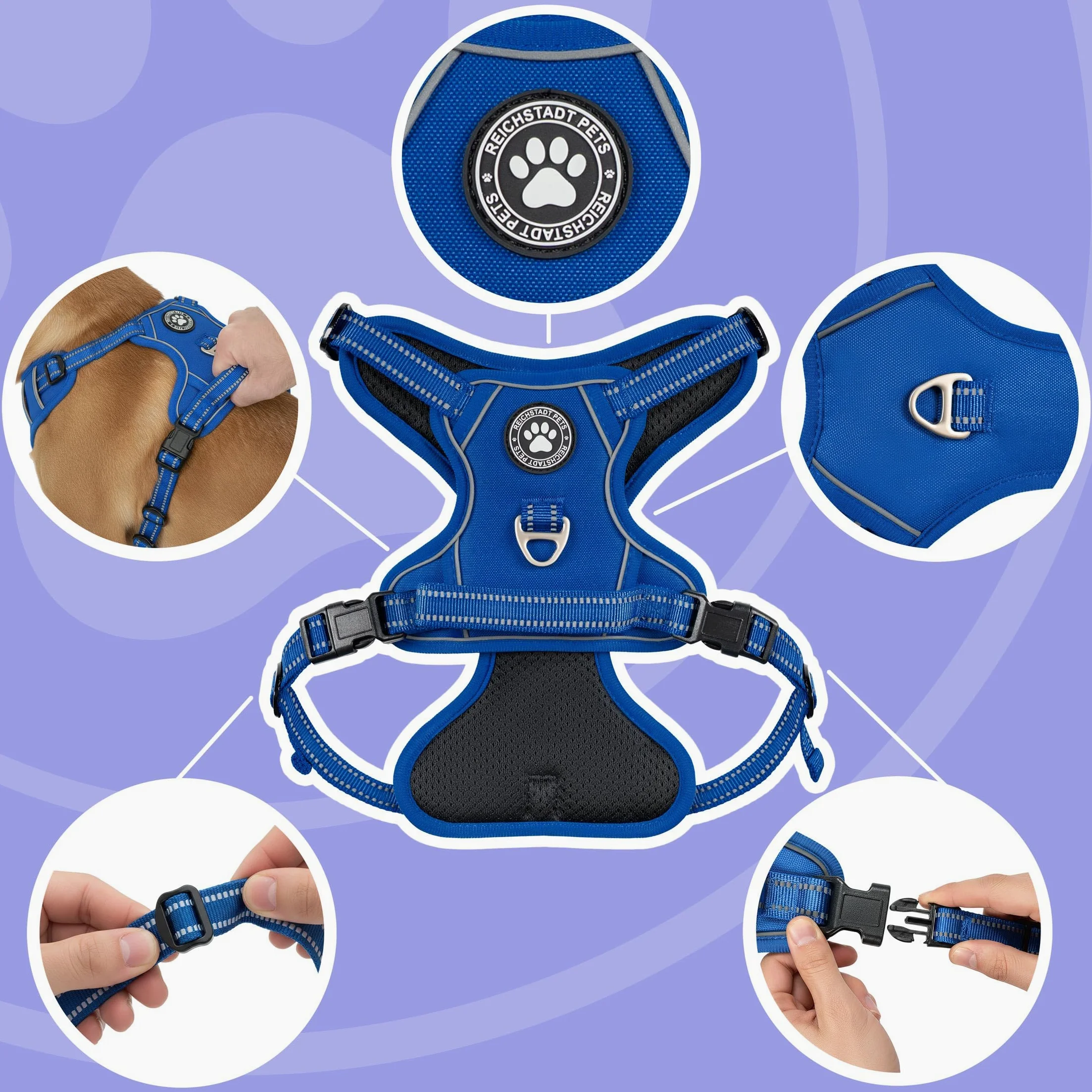 Reichstadt Pets Pettorina Cane Anti-Tiro per Cani Grandi 25RSP083 Blu L | Pettorina regolabile e imbottita con maniglia, inserti riflettenti e tessuto traspirante per passeggiate sicure