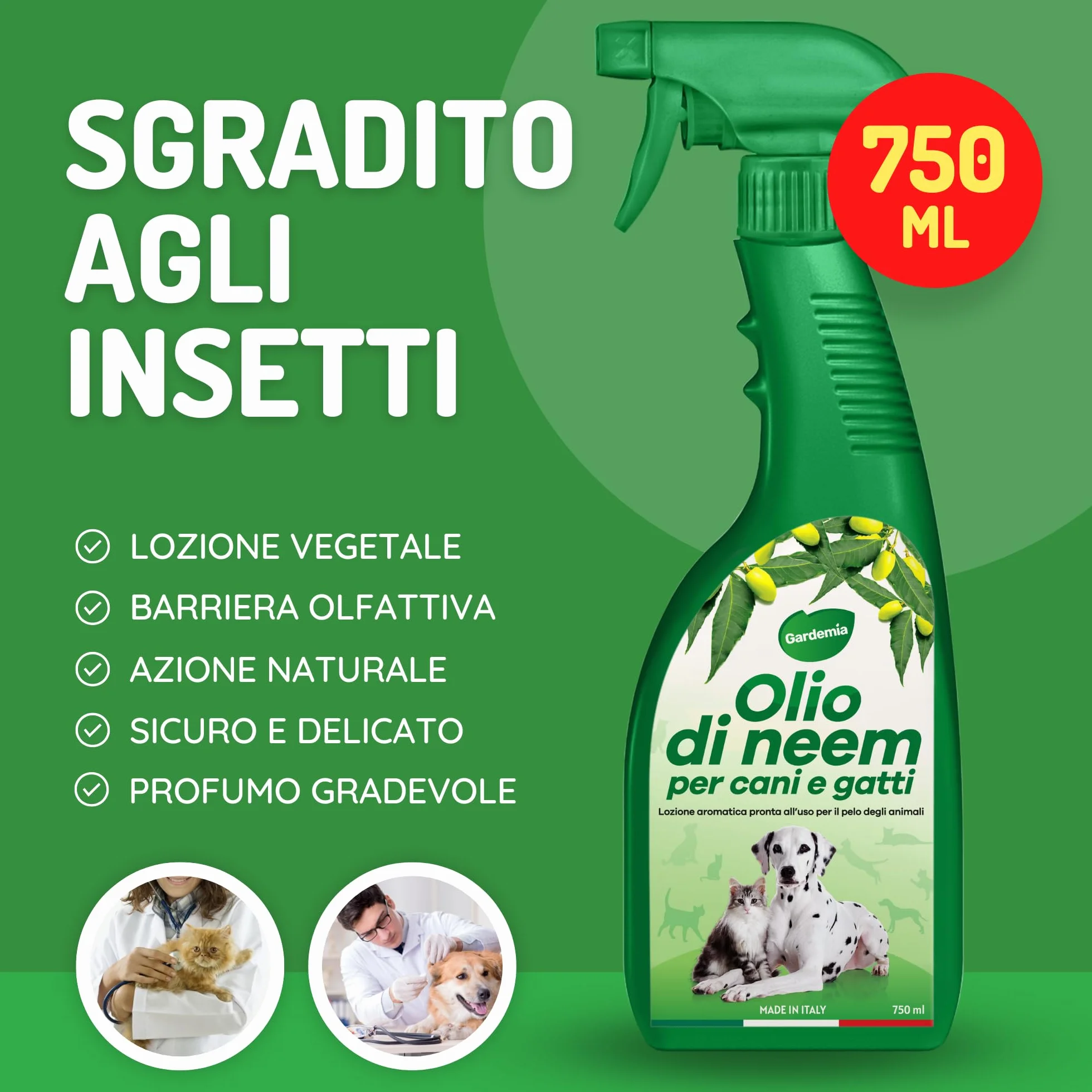 Gardemia Olio di Neem per Cani Gatti Spray 750ml Sgradito a Zecche Pulci Zanzare Insetti Azione Naturale Effetto Barriera abbinabile a Repellente Antipulci Antiparassitario Aroma Gradevole