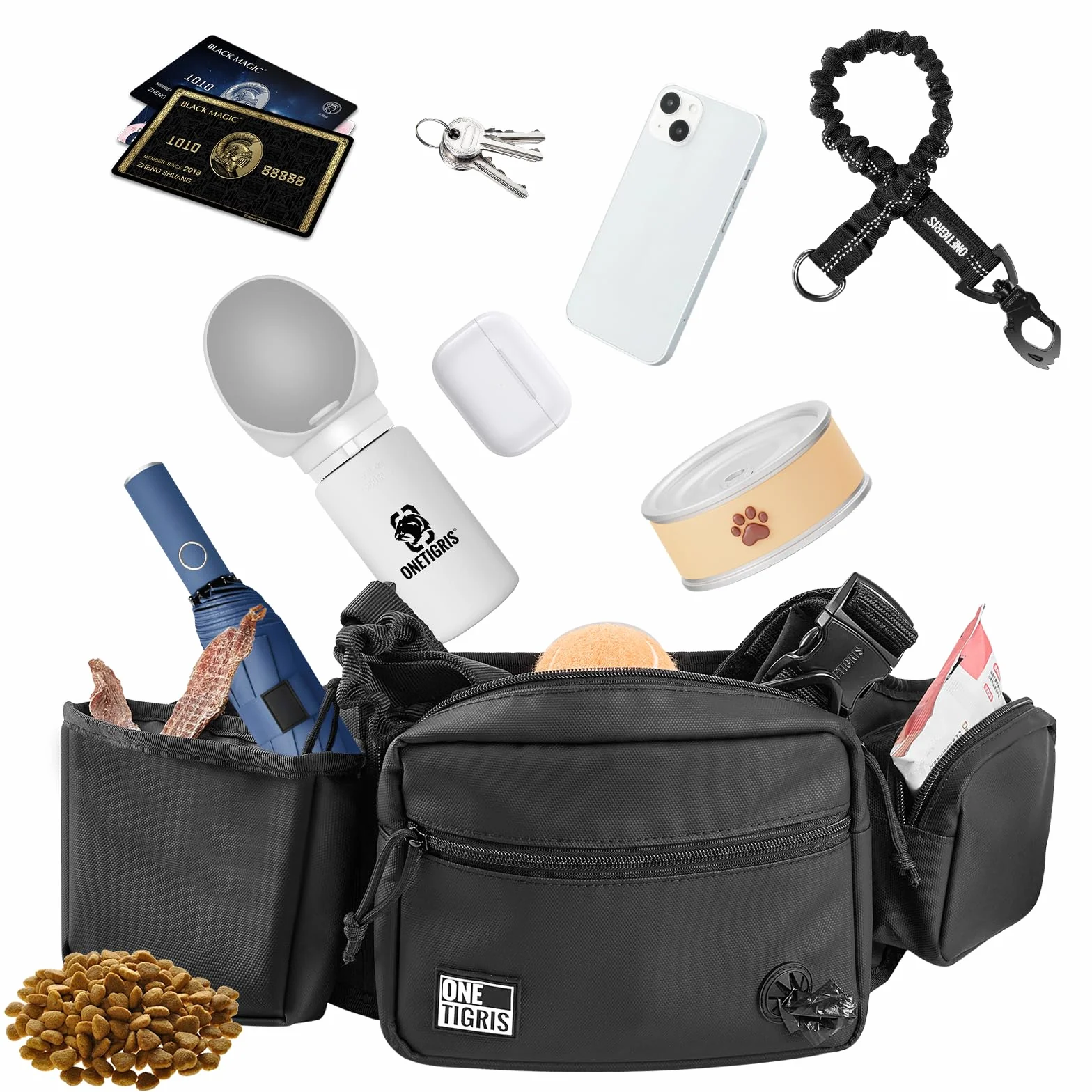 OneTigris Borsa Porta-Premi per Cani Impermeabile con Chiusura Magnetica, Porta Snack Addestramento Rimovibile con Dispenser Sacchetti Igienici, Alta capacità SnackKeeper Multifunzione, Nero