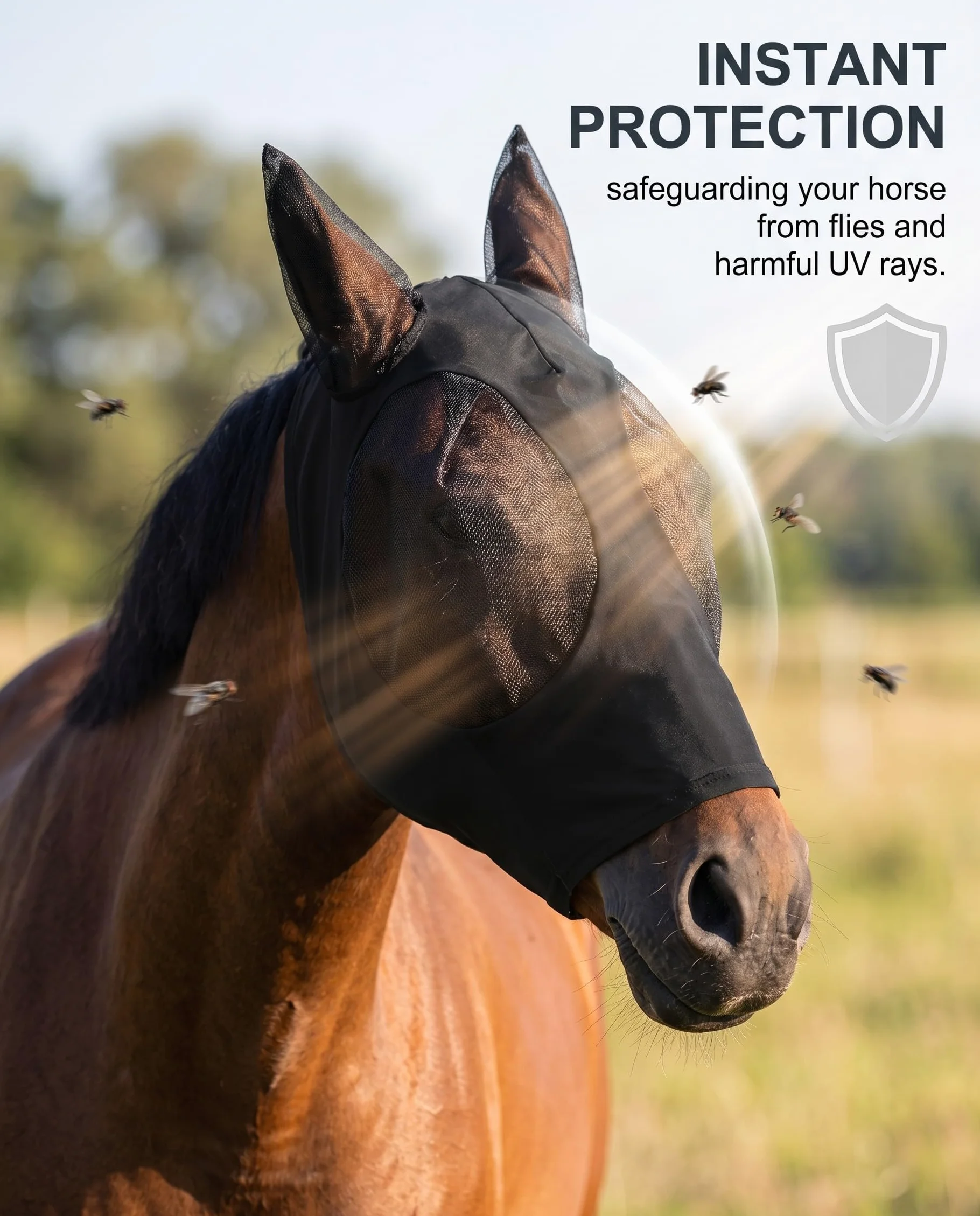 1pz Maschera Cavallo Nera, Protezione Mosche e UV Traspirante, Anti-Insetti, con design ergonomico per comfort e benessere equino