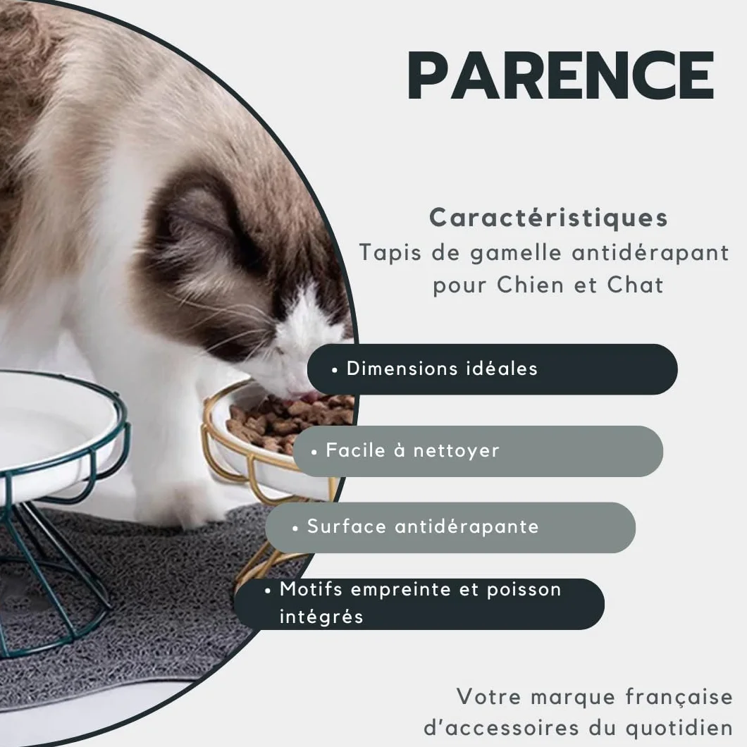 PARENCE.- Tappetino antiscivolo per cani e gatti – Fondo ciotola 46x26 cm – Protezione del pavimento e cibo pulito – Ingombro e design dei pesci