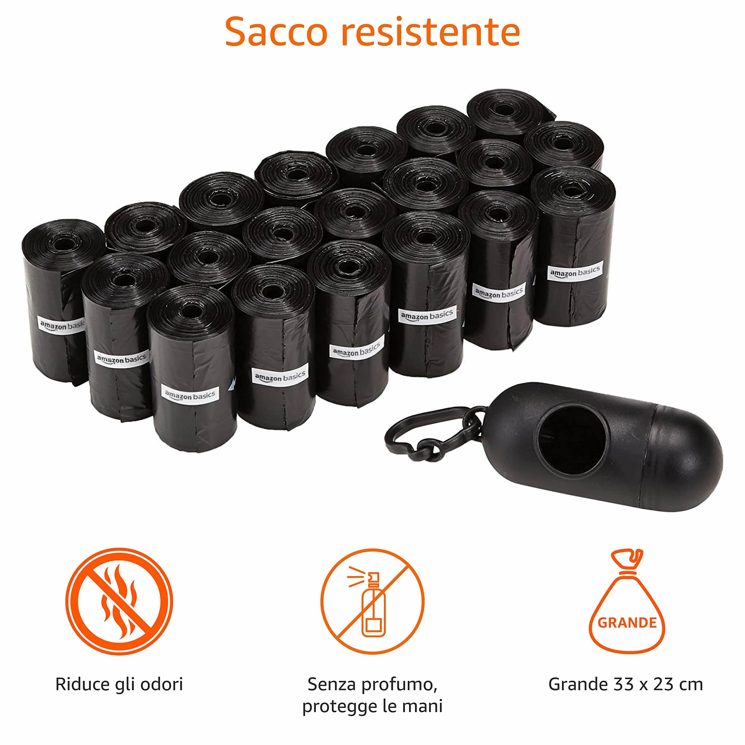 Amazon Basics Sacchetti igienici per cani inodori 300 pezzi con dispenser e clip per guinzaglio