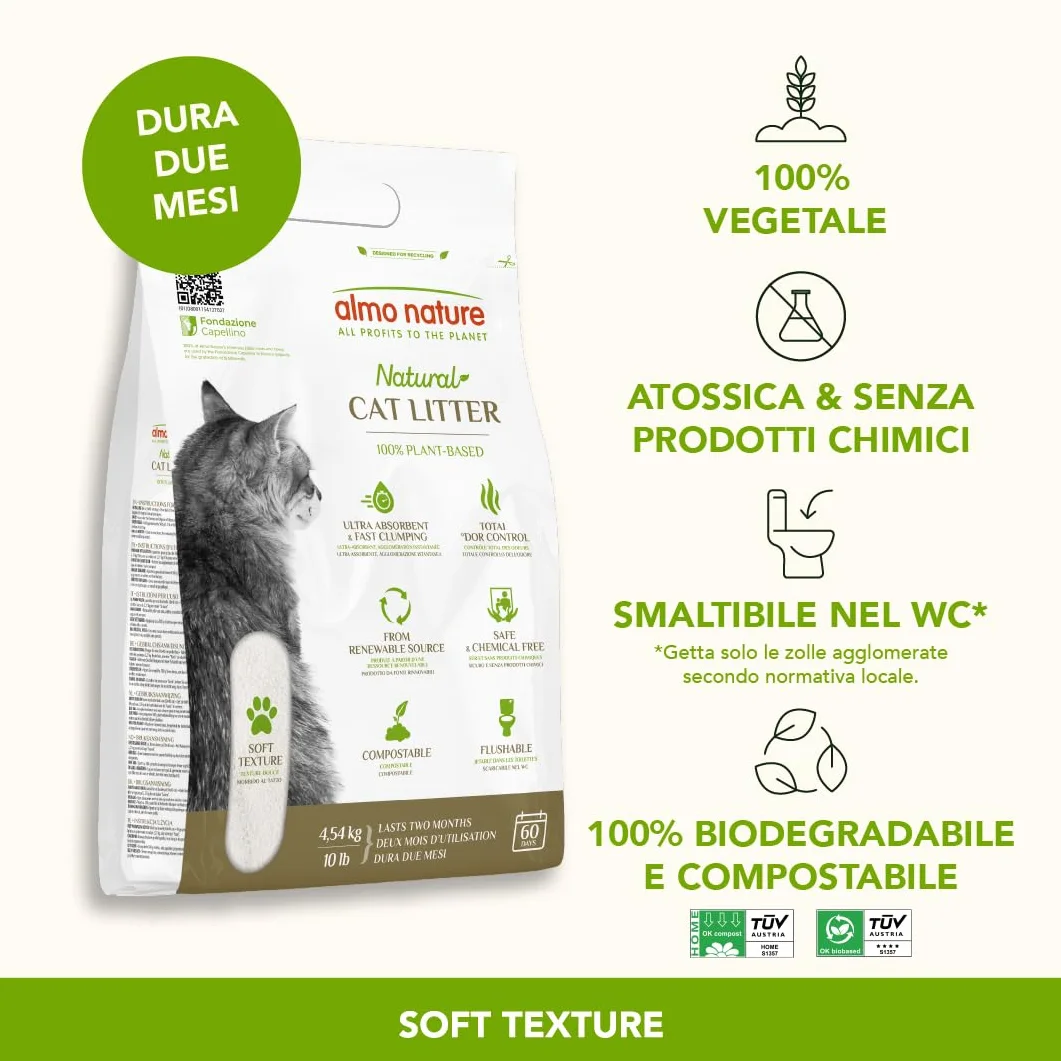 Almo Nature Soft Texture Lettiera A Trama Finissima Per Gatti 100% Vegetale Biodegradabile Compostabile Agglomerante 4.54Kg