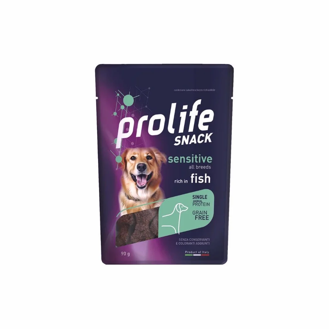 Prolife Snack Cane Adult Sensitive gusto SALMONE, snack per cani adulti di tutte le taglie senza conservanti e senza cereali, grainfree, monoproteico | 3 bustine da 90 grammi l’una.