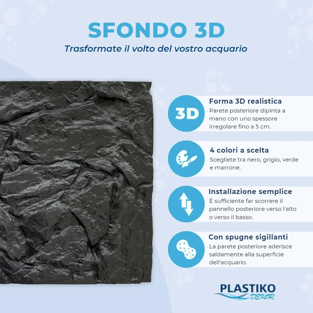 PLASTIKO - Acquario Sfondo 3D I 60x30 cm I Facile da Montare e Pulire I Non Richiede Colla I Sicuro per Gli Animali I Grigio con Un Modello di Pietre Basse