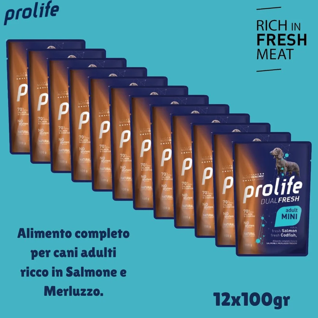 Prolife Umido Cane Dualfresh Adult Salmone e Merluzzo, alimento completo per cani adulti di tutte le taglie,gusto Salmone e Merluzzo | 12 bustine da 100 grammi l’una.