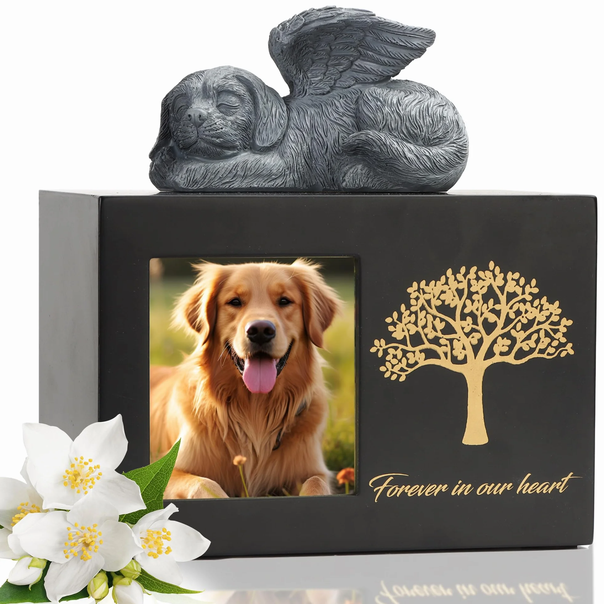 Urna per le ceneri di cane, modello di albero in legno nero con cornice per foto, scatola dei ricordi con statua di cane in resina e sacchetti sigillati per la conservazione (25kg)