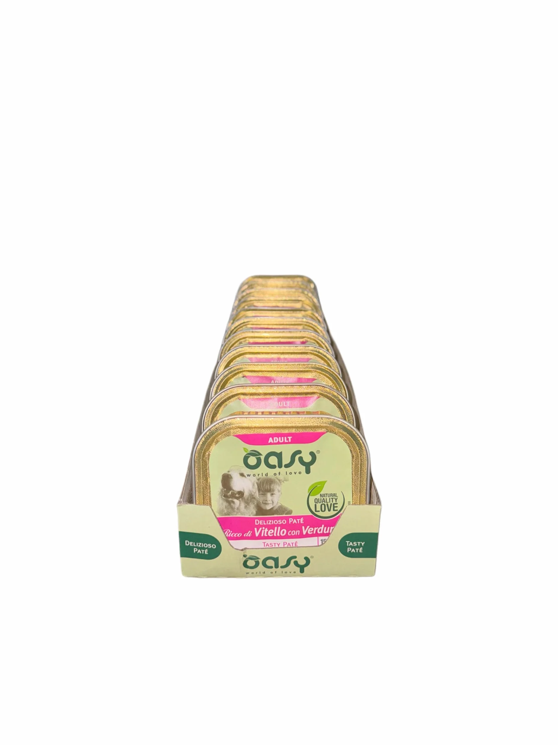 Oasy delizioso patè per cani adulti di tutte le taglie, gusto VITELLO e VERDURE | 11 vaschette da 150 grammi l'una.