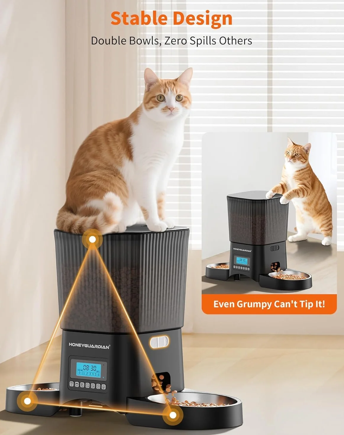 HoneyGuaridan Distributore Automatico Cibo Gatti, 3.5L Dispenser Crocchette Gatto con 4 ciotole, Programmable Porzione(6 Pasti/Giorno), Avviso vocale per i pasti, piedini antiscivolo