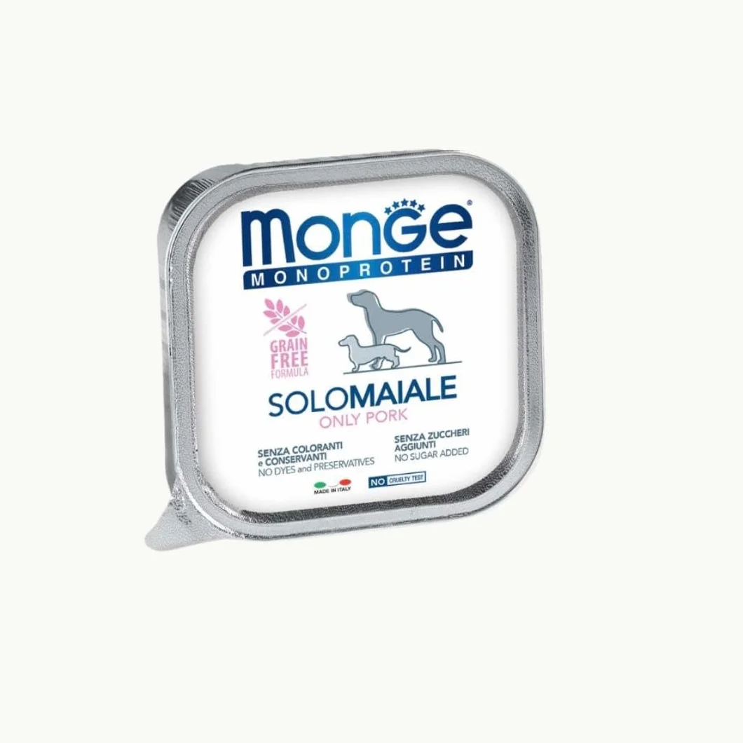 Monge Monoprotein cane, umido monoproteico per cani di tutte le taglie gusto SOLO MAIALE formula grainfree | 12 vaschette da 150 grammi l'una.