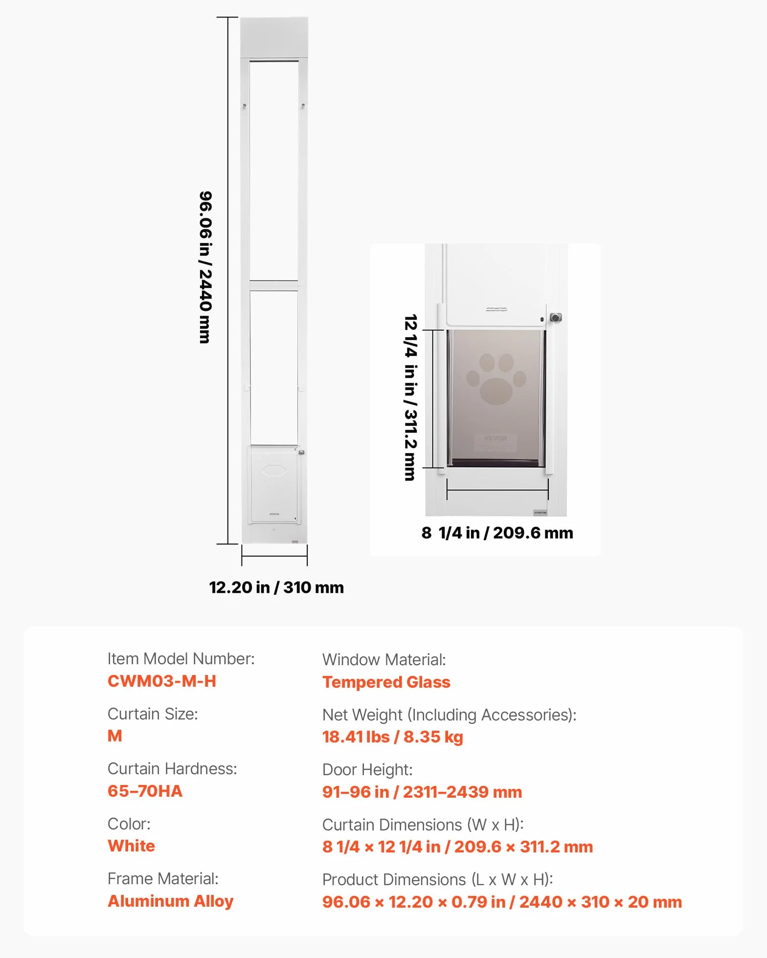 VEVOR Porta Scorrevole per Animali Domestici, Altezza Regolabile 2311-2439 mm, Telaio in Lega di Alluminio, Bianco