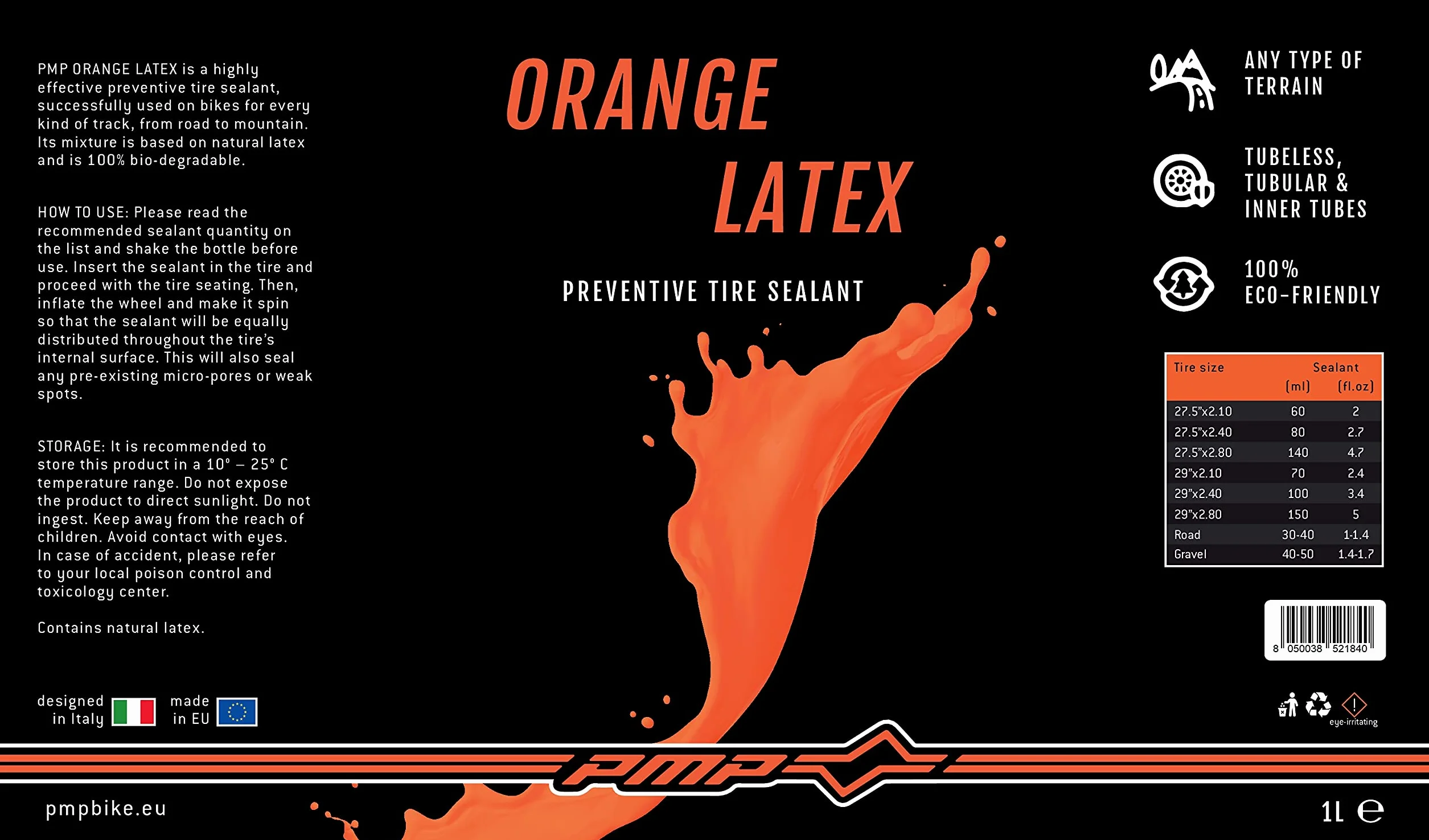 PMP Orange Latex - Lattice Liquido Sigillante Antiforatura per Coperture Tubeless MTB e STRADA. La Tua Assicurazione Contro le Forature.