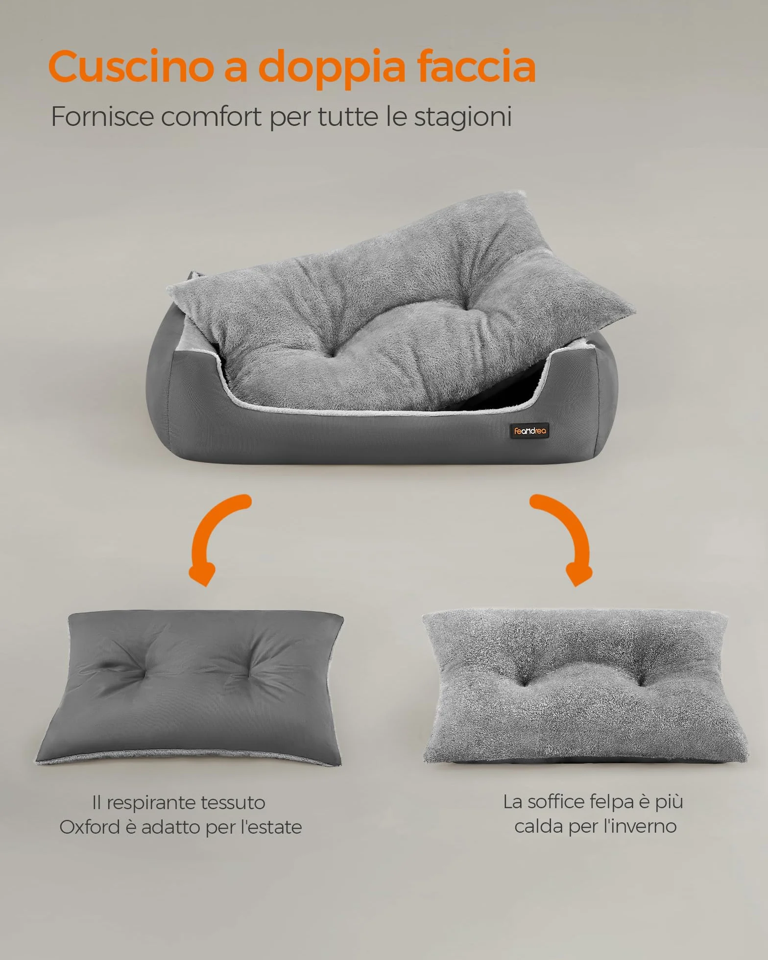 Feandrea Cuccia Cane Interno, Cuccia per Cani e Animale Domestico, Tappeto Rimovibile e Reversibile, Bordi Rialzati, Fondo Antiscivolo, L, 85 x 65 x 21 cm, Grigio Ardesia e Grigio Tortora PGW004G02