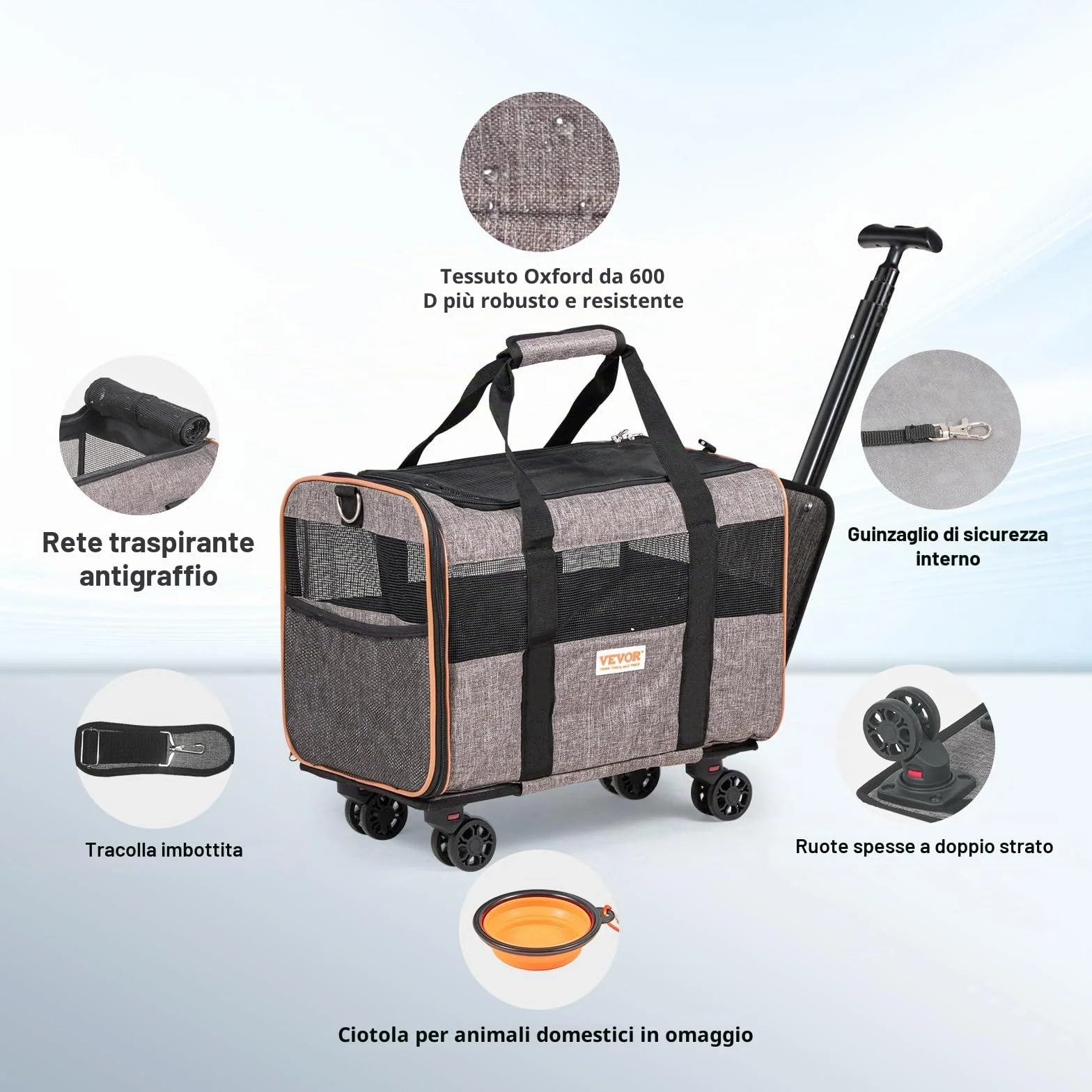 VEVOR Trasportino per Cani e Gatti con Maniglia Telescopica e Ruote, Carico Massimo 9,9 kg Borsa Porta Animali Domestici Approvato dalla Compagnia Aerea, Tessuto Oxford 600D Cerniera Autobloccante