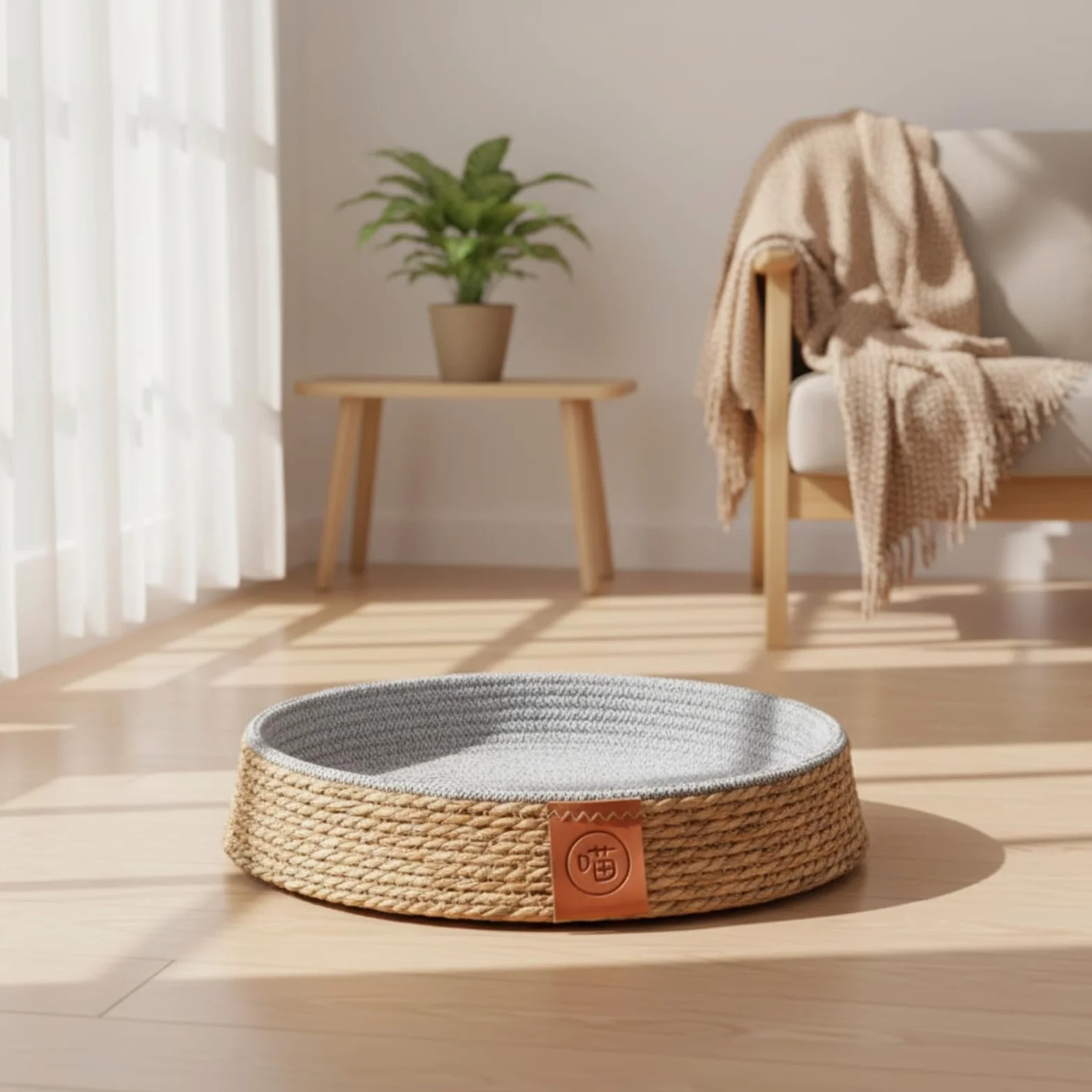 Colcolo Cuccia per Animali Domestici Letto Tondo Cestino Basso Nido Accogliente con Bordo Contenitivo E Etichetta Frontale Decorativa in Giunco E Cotone Adatta a Soggiorno, 40 Cm