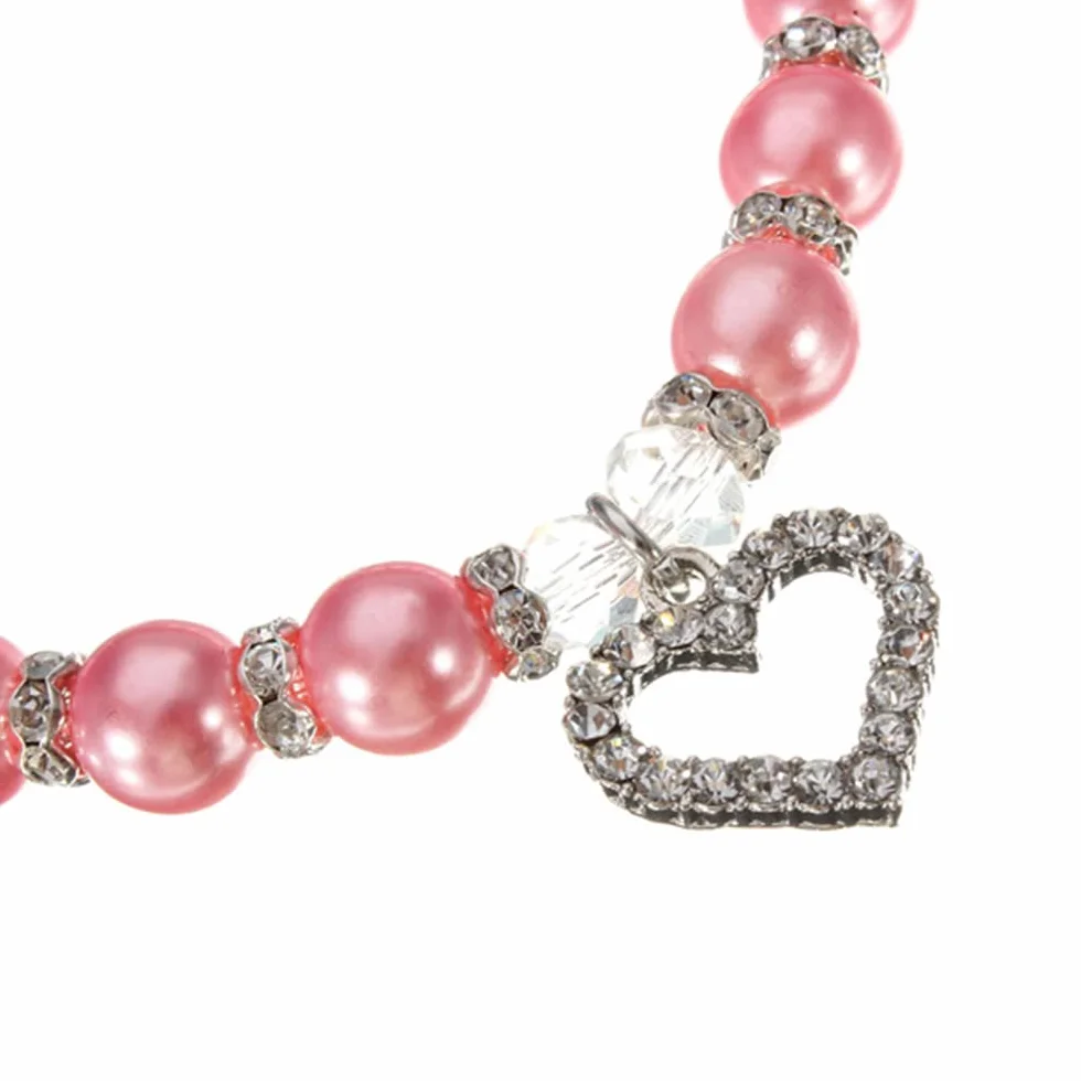 2 collane con perle per cani chihuahua, ciondolo cuore, accessori costume sposa, rosa e blu