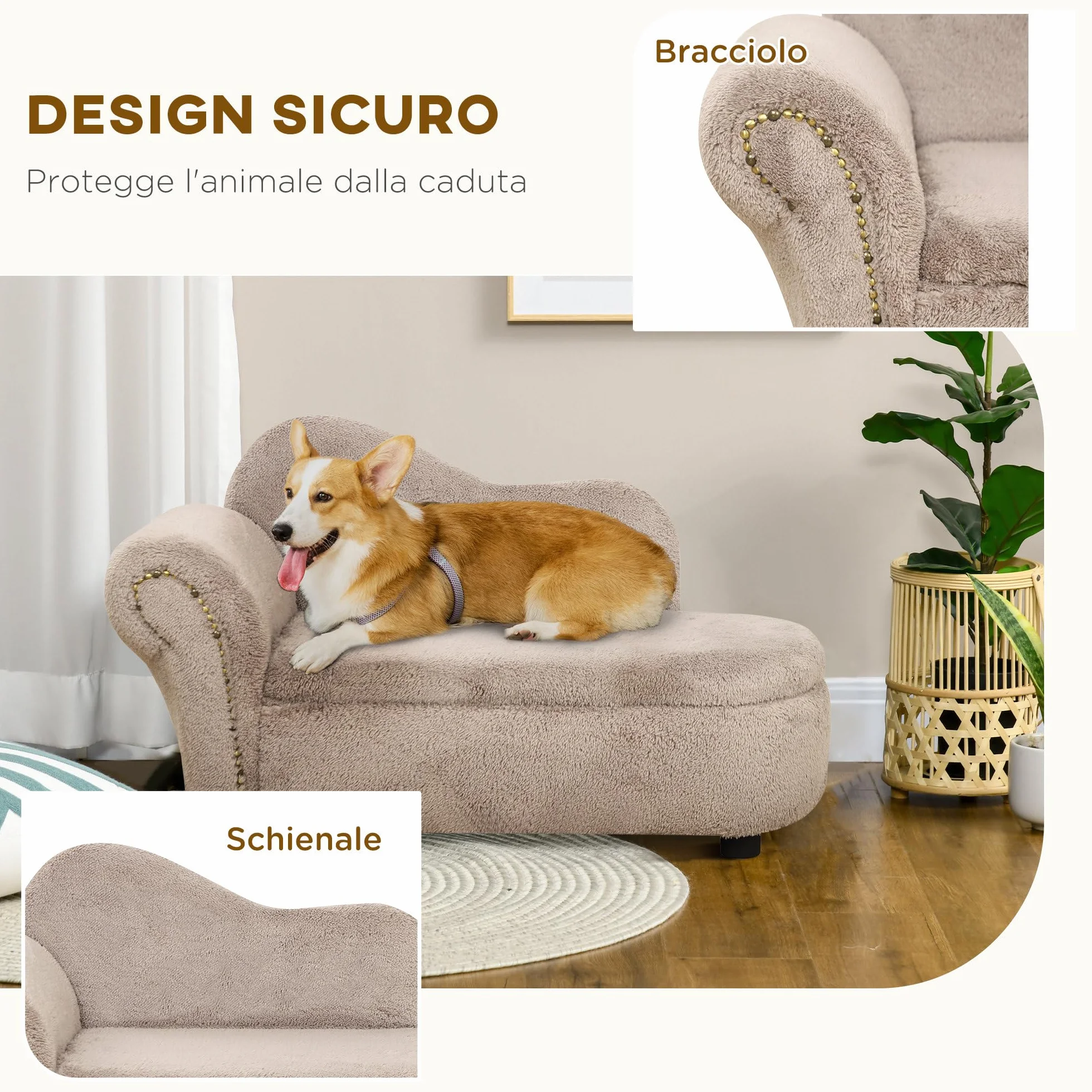 PawHut Divano per Cani Rialzato con Spazio Portaoggetti a Scomparsa, Divano Imbottito in Legno e Tessuto Vellutato, 80x40x46 cm, Beige