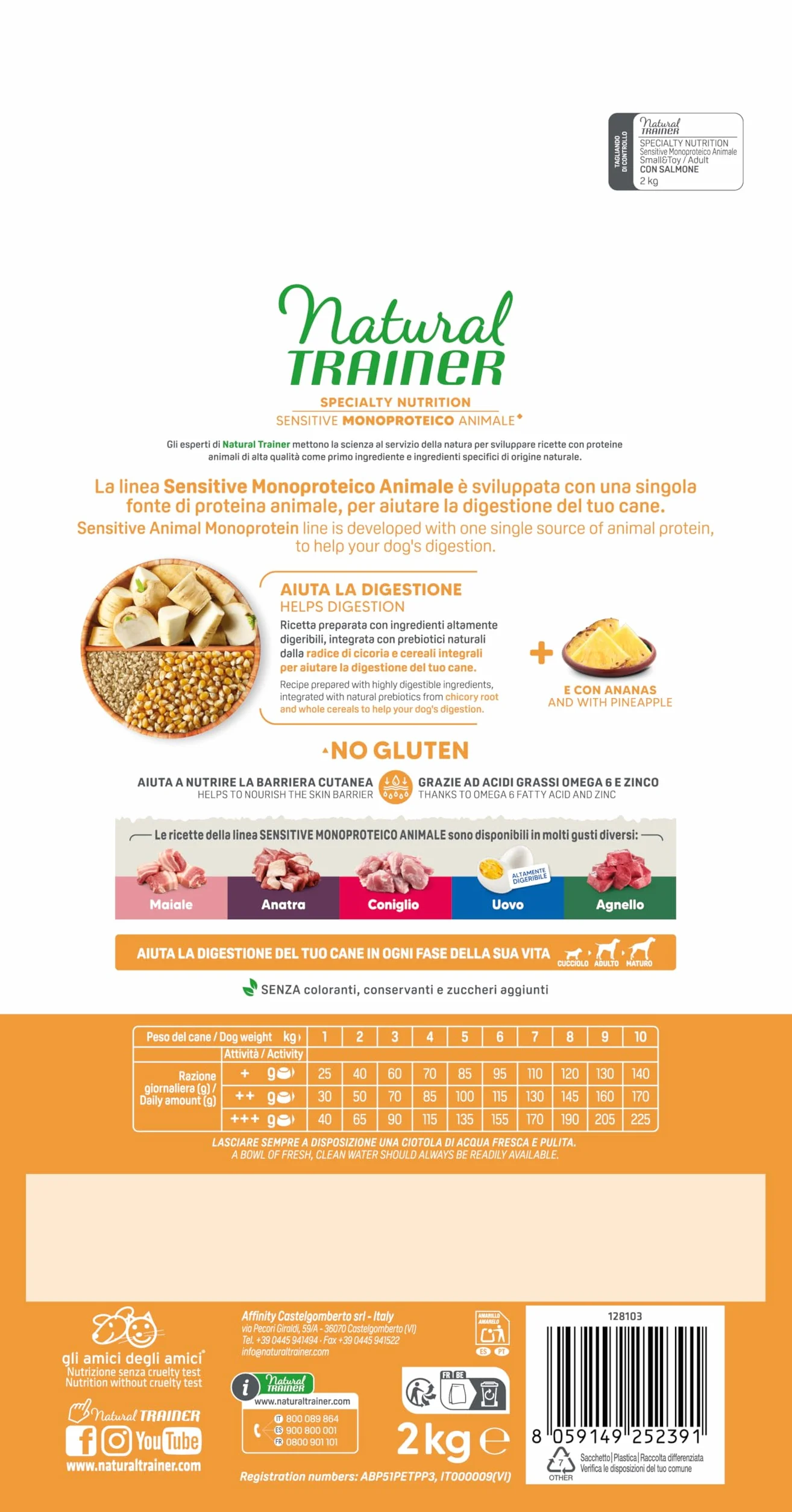 Trainer Sensitive No Gluten Adult Smalltoy Con Salmone E Cereali Integrali, Agnello, 2 kg