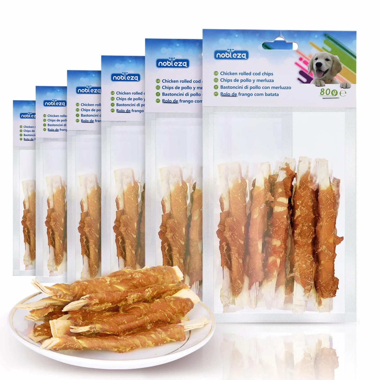 Nobleza - Snack per Cani, Bastoncini Masticabili con Carne e Merluzzo di Pollo, Snack Naturale per Cuccioli di Cane, L10 cm, 6 Confezioni x 80 g