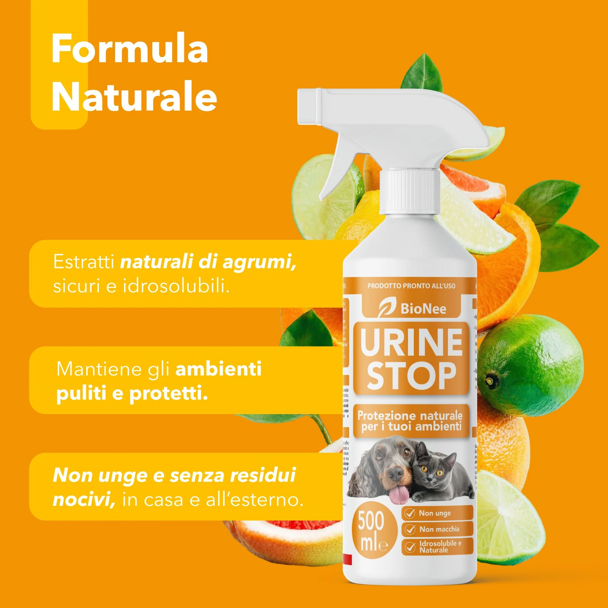 Bionee Urine Stop Spray Naturale per Cani e Gatti 500 ml – Doppia Azione: Disabituante agli Agrumi + Elimina Odori – Pronto all’Uso, Non Macchia, Sicuro per Ambienti Interni ed Esterni
