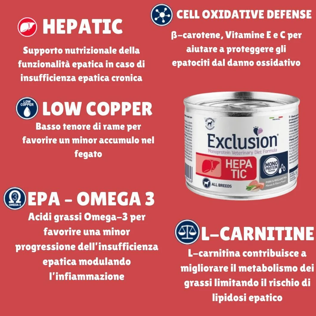 Exclusion Diet Hepatic umido adult Maiale Riso e Piselli, dieta veterinaria per cani con insufficienza epatica | 6 lattine da 200 grammi l'una.