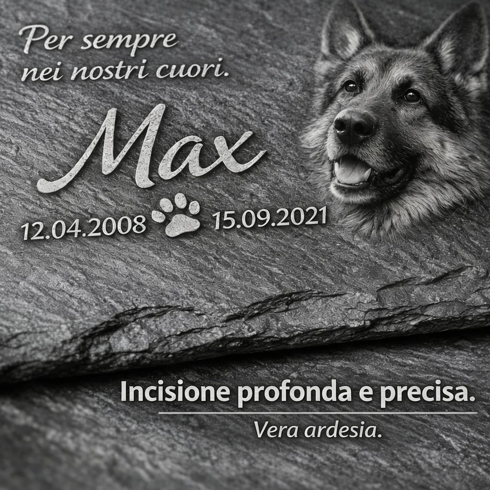Pietra Commemorativa Cane in Ardesia – Lapide per Animali Esterno Personalizzata, Targa Memoriale per Cani Resistente alle Intemperie – Foto, Nome e Testo Personalizzabili – Giardino / 30x15–50x30 cm