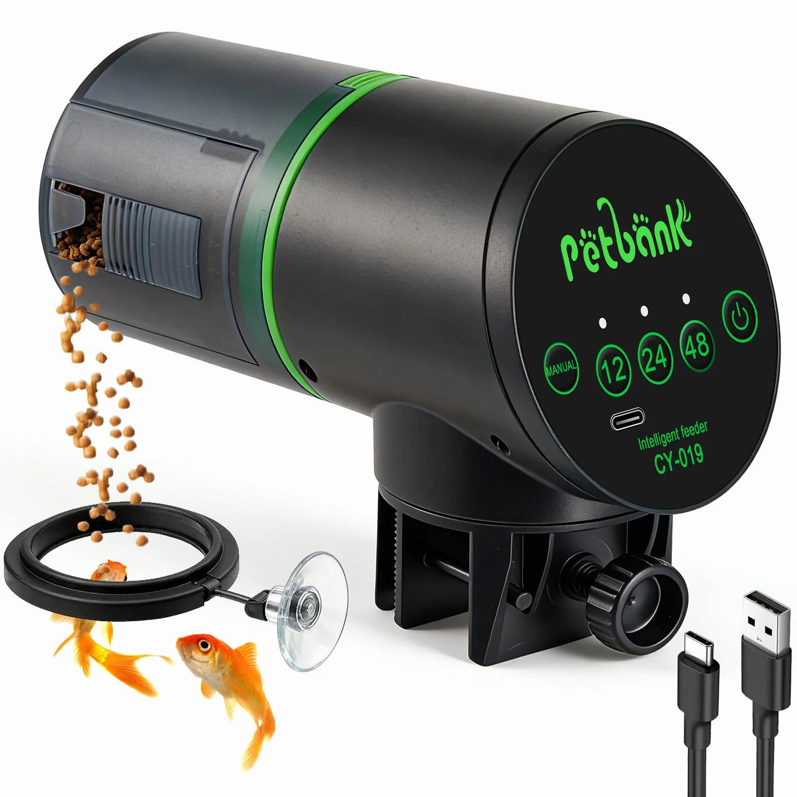 Mangiatoia Automatica Acquario Pesci 12/24/48 Ore con Cavo USB Charger, Nero