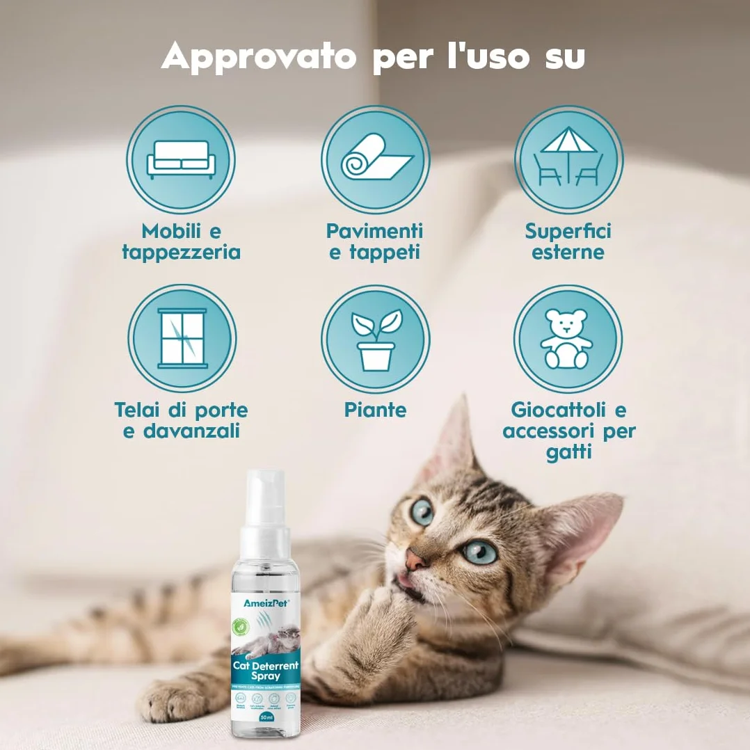 AmeizPet Spray Disabituante per Gatti, Repellente per Gatti, Smetti di Graffiare Mobili, Tappeti, Tende e Piante, Soluzione Sicura ed Efficace, Uso Interno & Esterno, 50 ml (1,69 FL oz)