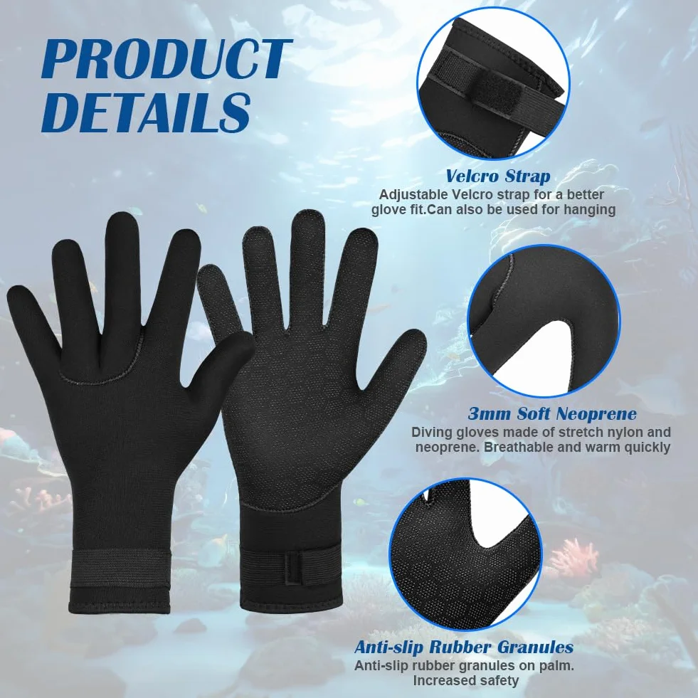 Guanti da Muta Termica, Guanti in Neoprene Elastico, Guanti da Immersione con Polso Elastico e Particelle Antiscivolo, per Immersioni, Kayak, Surf, Inverno, Canoa, Kayak