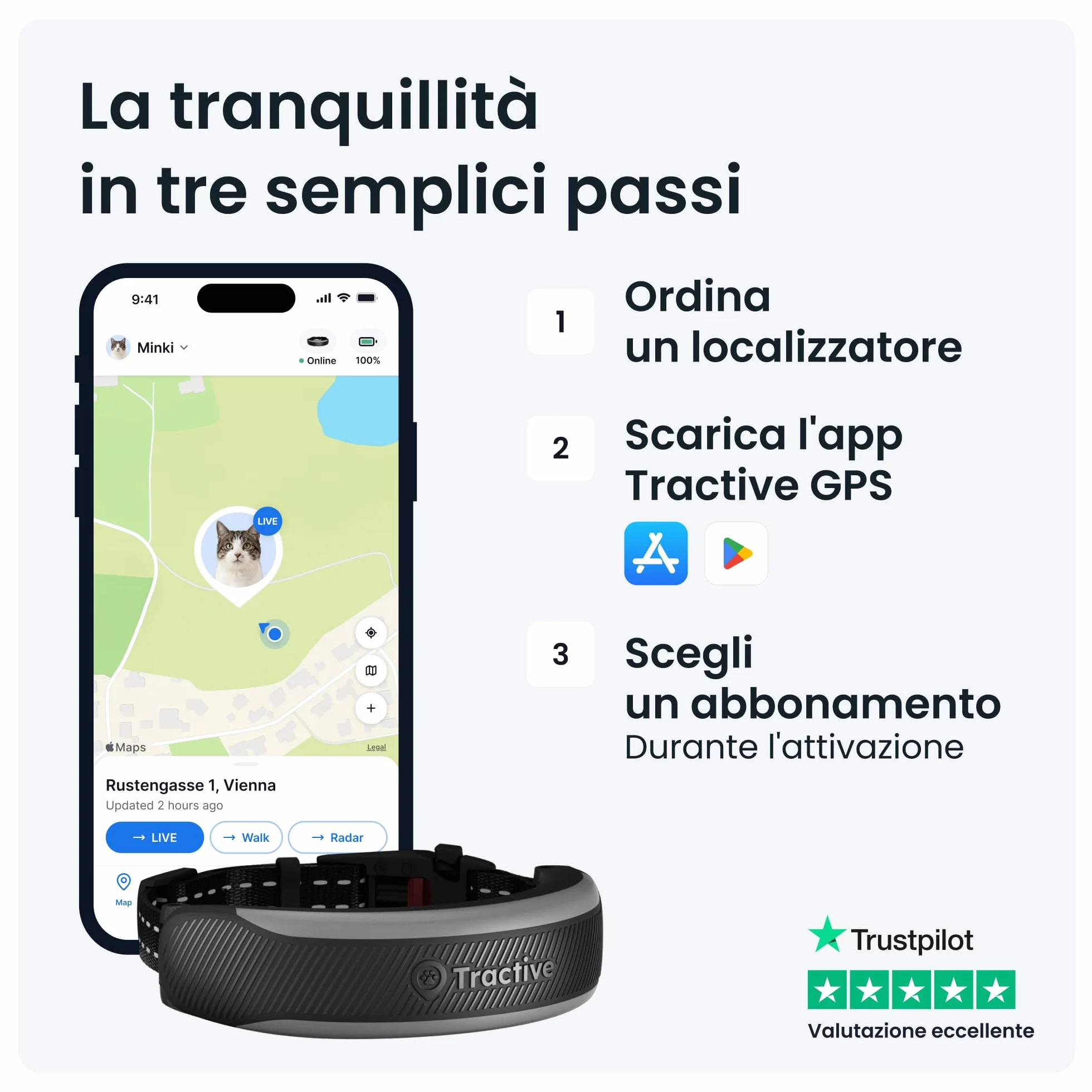 Tractive GPS Gatti Mini | Edizione 2026 | Miglior GPS Gatto | Localizzazione in Tempo Reale | Avvisi di Salute e Monitoraggio dei Parametri Vitali | Sgancio di Sicurezza | Collare Integrato (Nero)