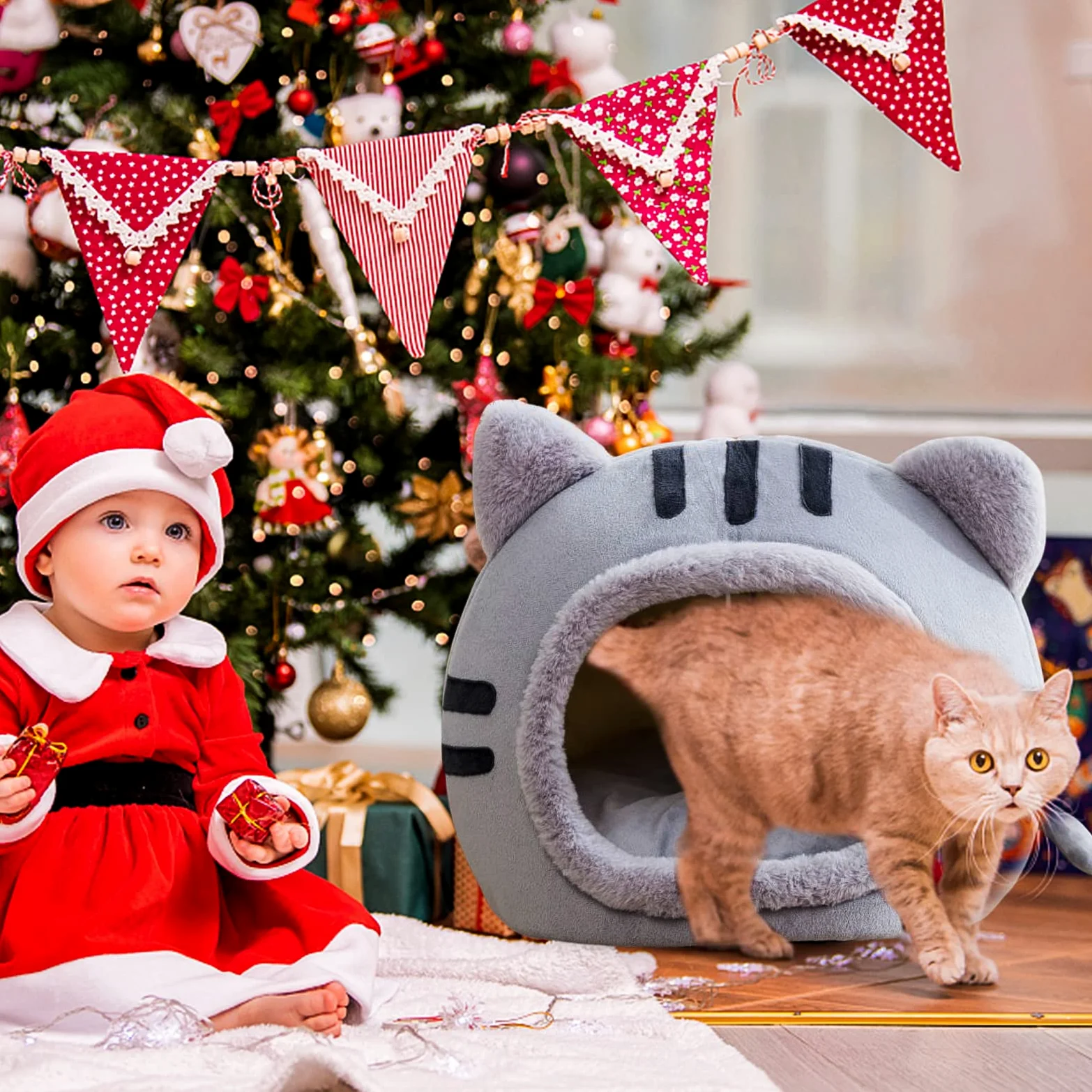 PETCUTE Cuccia per Gatti e Cani con Cuscino Rimovibile Lavabile, Fondo Antiscivolo, Morbida Nicchia per Conigli/Cuccioli