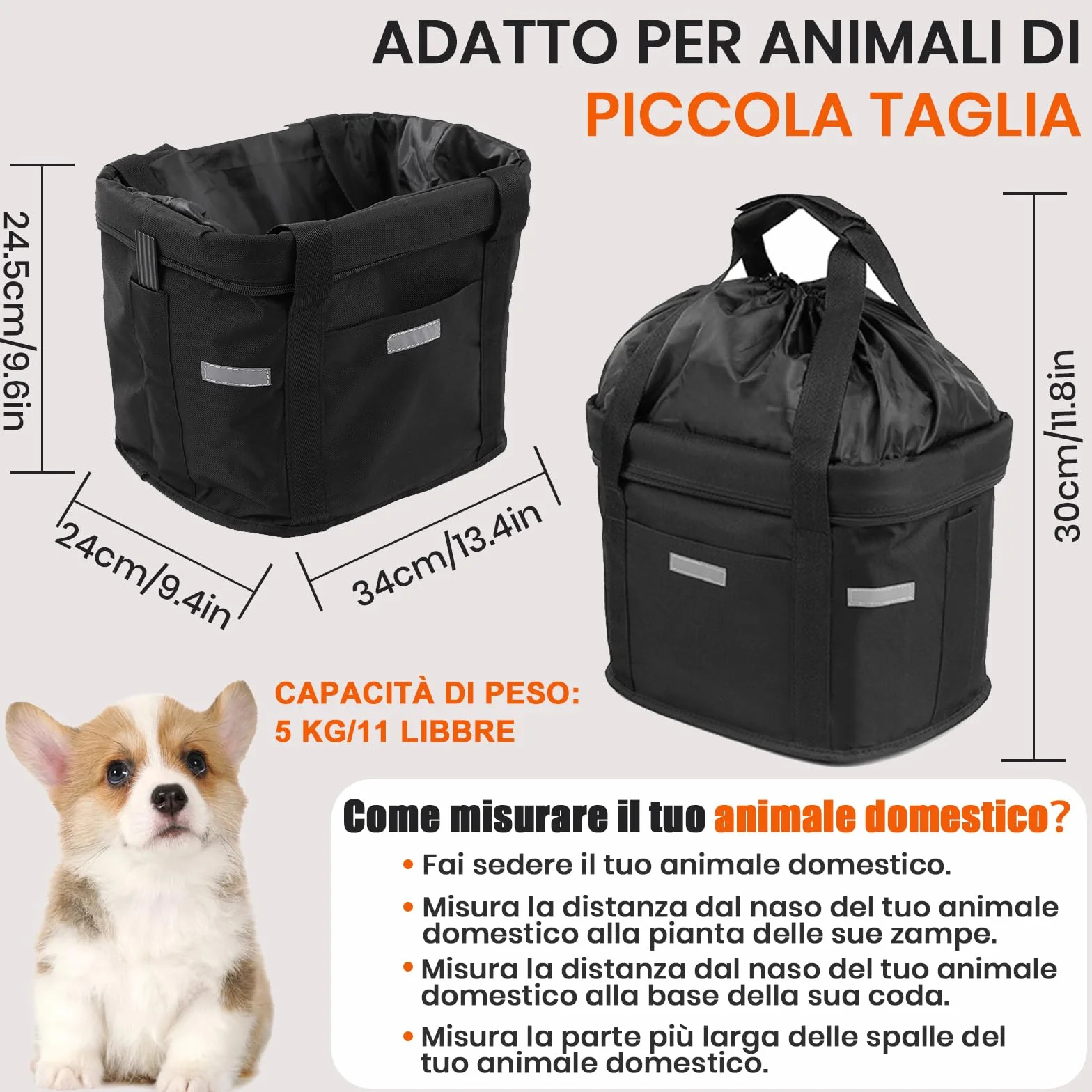 Cestino Anteriore per bici Multiuso per Animali Domestici, Pieghevole Borsa a Mano, Shopping e Outdoor (Nero)