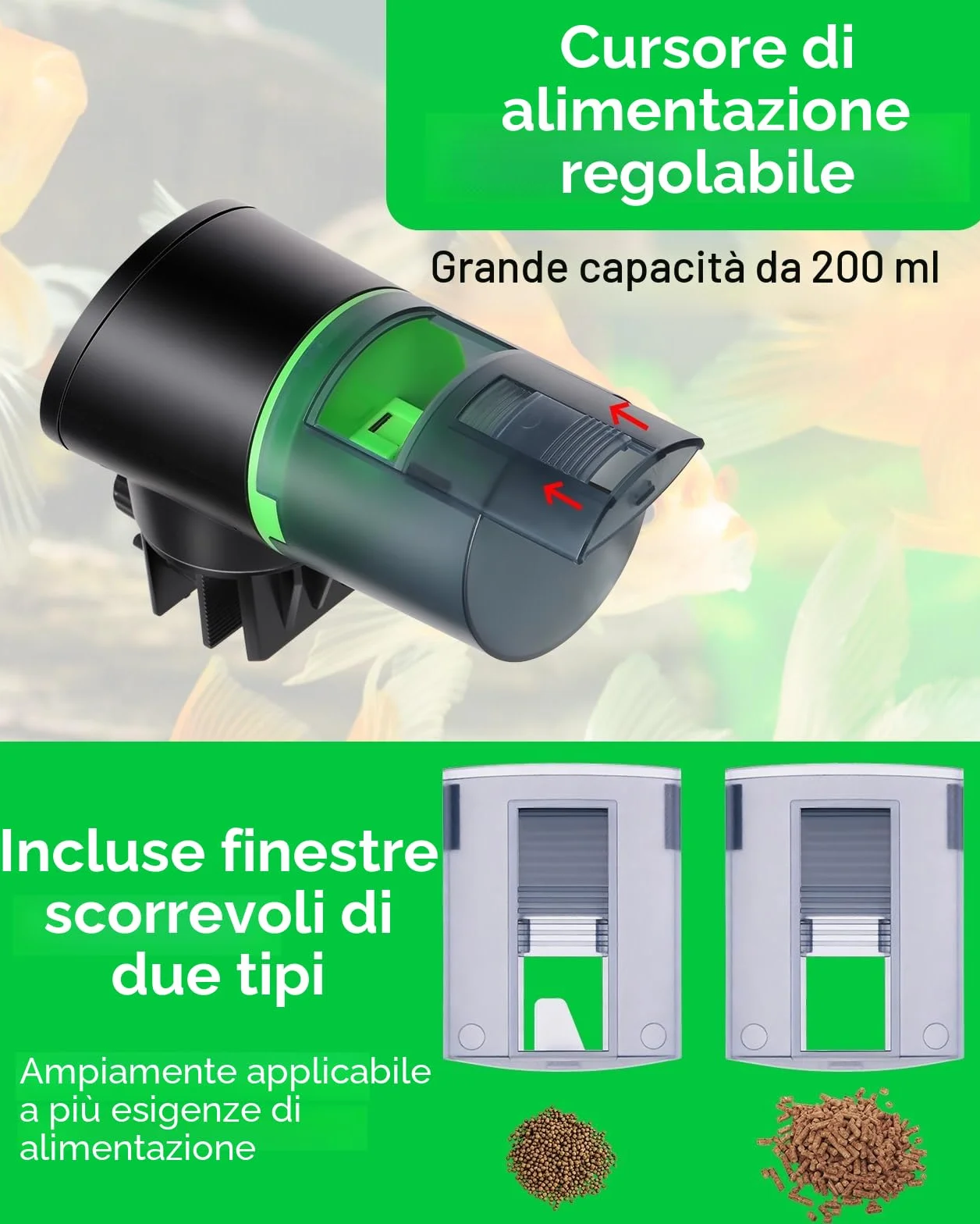 Mangiatoia Automatica Acquario Pesci 12/24/48 Ore con Cavo USB Charger, Nero