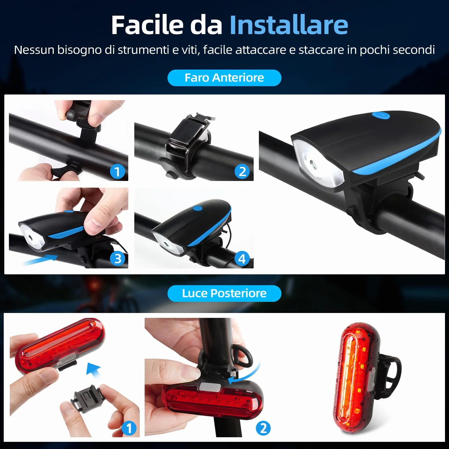 Luci Biciclette LED, Anteriore e Posteriore USB Ricaricabile e Impermeabile IP65, 1200 mAh luci MTB per Uomini Donne, Bambini, Combinazione di Luci per Mountain Bike Impermeabili