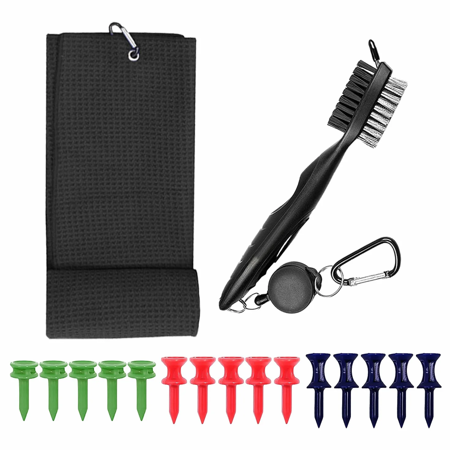 Set regalo accessori da golf: spazzola double face, asciugamano, 15 supporti