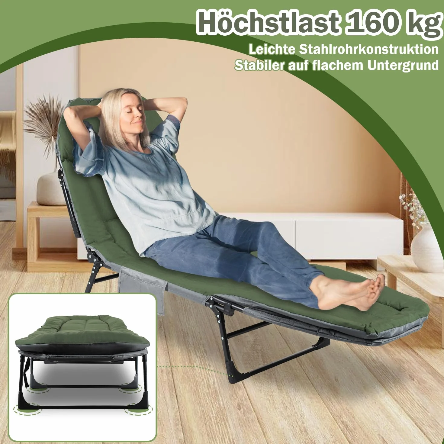Lettino da pesca alla carpa fino a 160 kg, pieghevole, con borsa per il trasporto, 195 x 65 x 32 cm, letto da campeggio imbottito, per campeggio, pesca, spiagge, giardini, verde