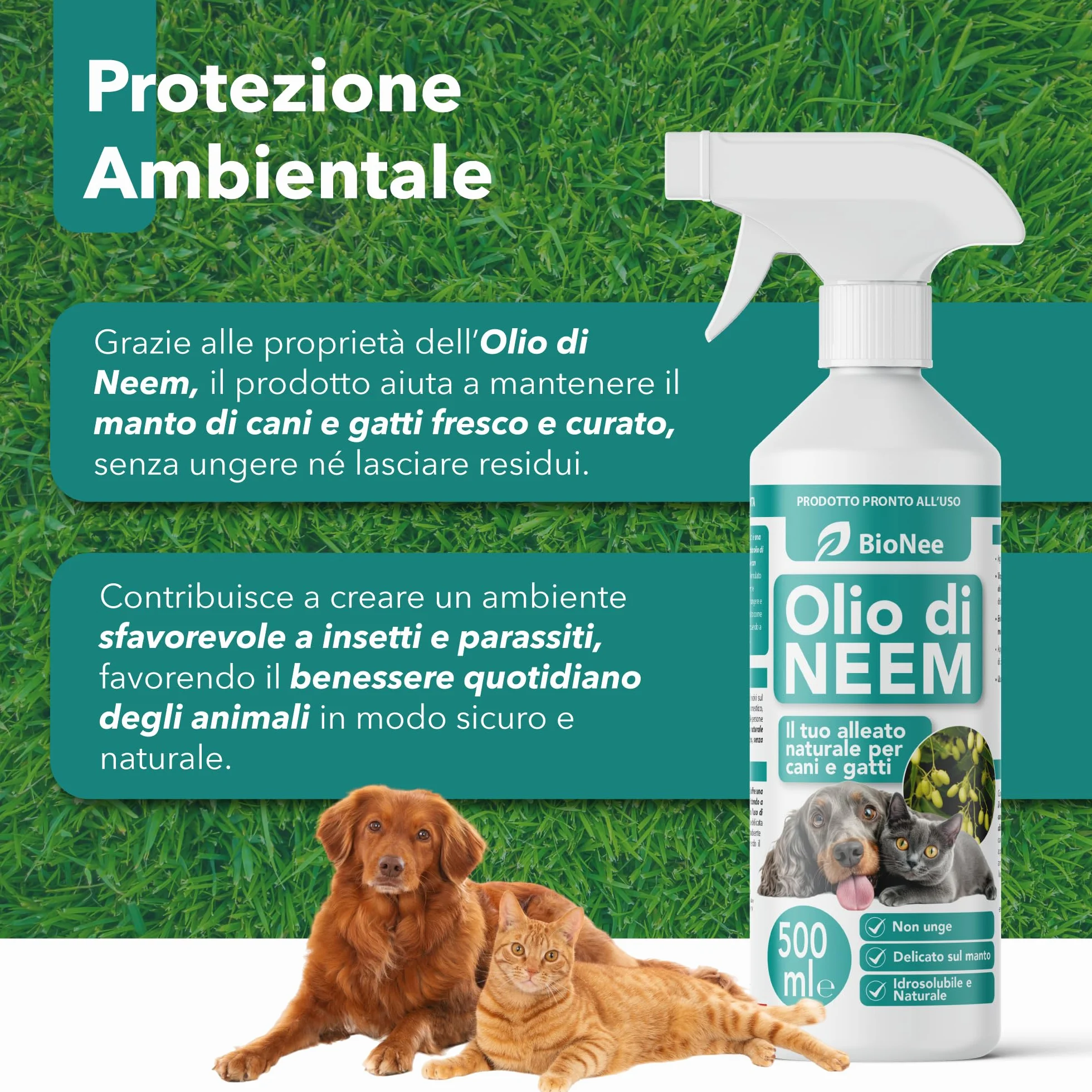 Olio di Neem per Cani e Gatti Spray 500 ml – Idrosolubile, Naturale, Non Unge – Azione Delicata, Effetto Barriera Sgradito a Zecche Pulci Zanzare Insetti