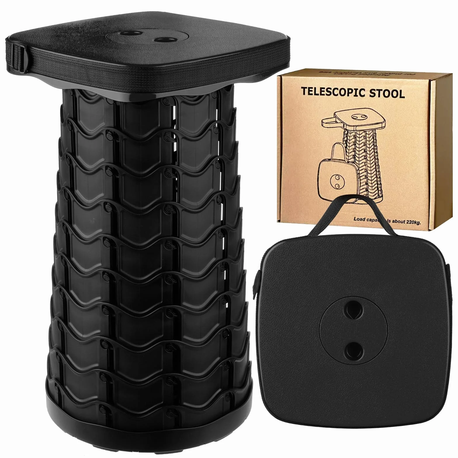 Sgabello Pieghevole Portatile, Sgabello Telescopico, Sedie da Campeggio Telescopico per Esterno, Pesca, Barbecue, Viaggi, Feste, Giardino, Carico 220 kg/485 lbs, Nero