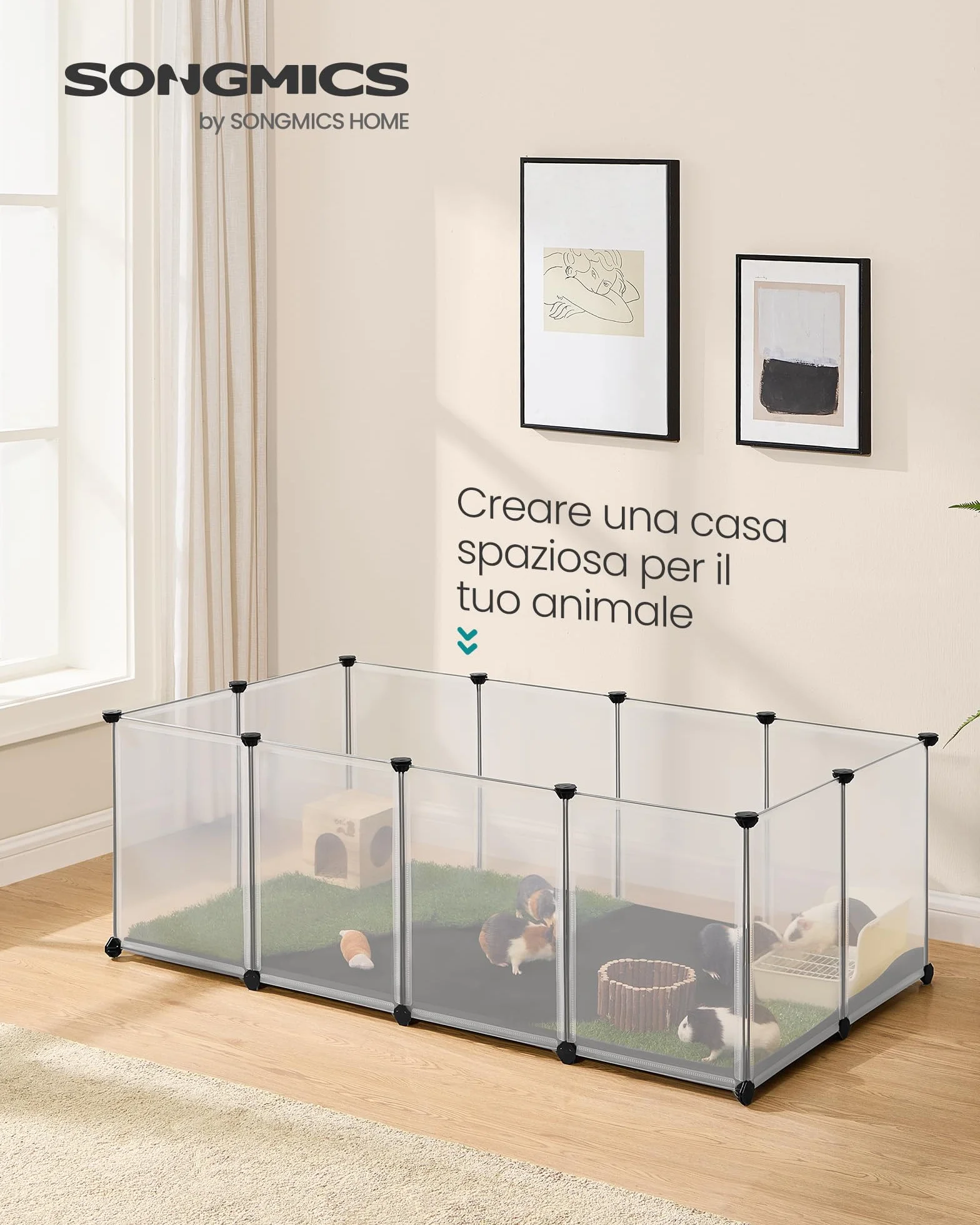 SONGMICS Recinto per Animali con Fondo e Tappeto Impermeabile e Rimovibile, Recinzione per Animali Piccoli, per Criceti, Conigli, Ricci, Porcellini d’India, 143 x 73 x 46 cm, Bianco LPC012W01